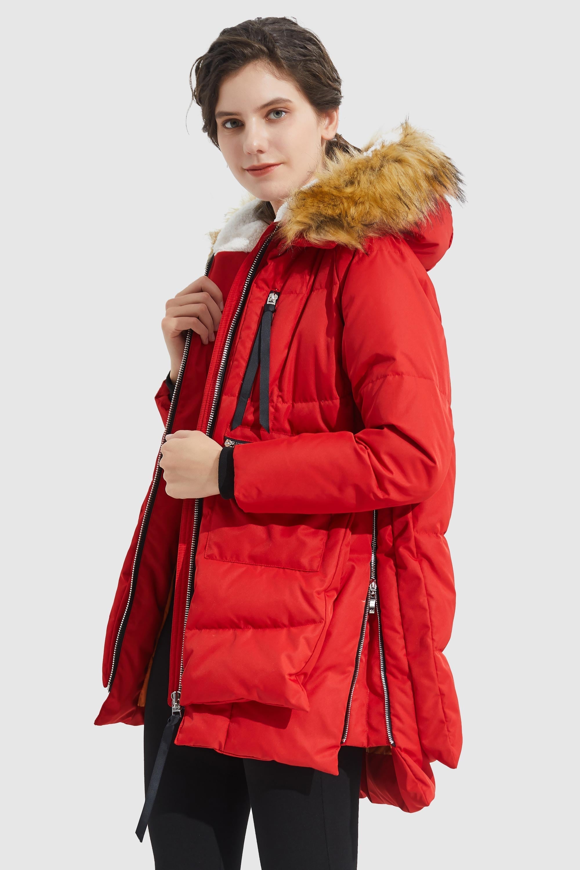 Orolay-092 Classics Thickened Down Jacket with Faux Fur Hood #color_Red