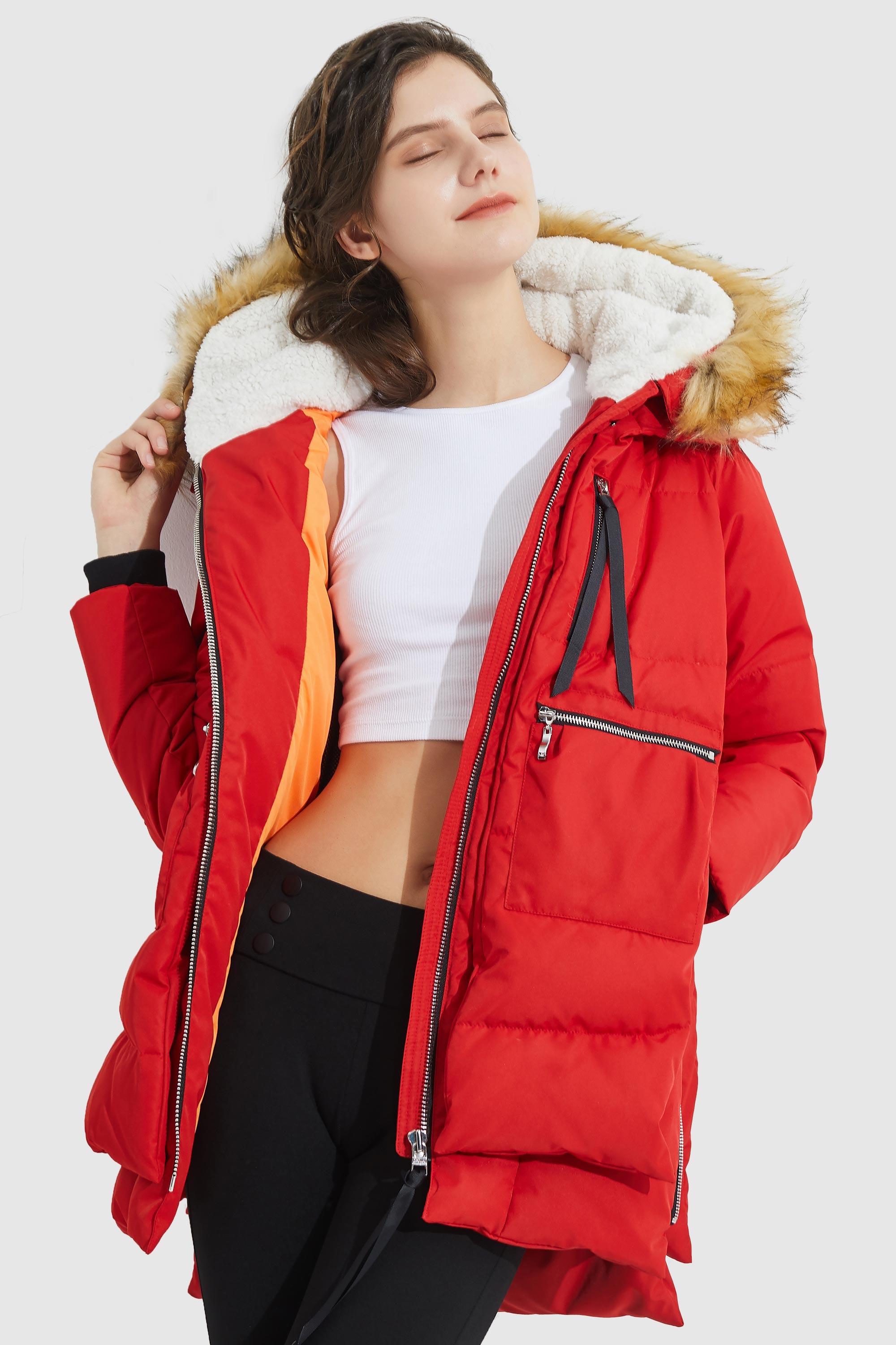 Orolay-092 Classics Thickened Down Jacket with Faux Fur Hood #color_Red