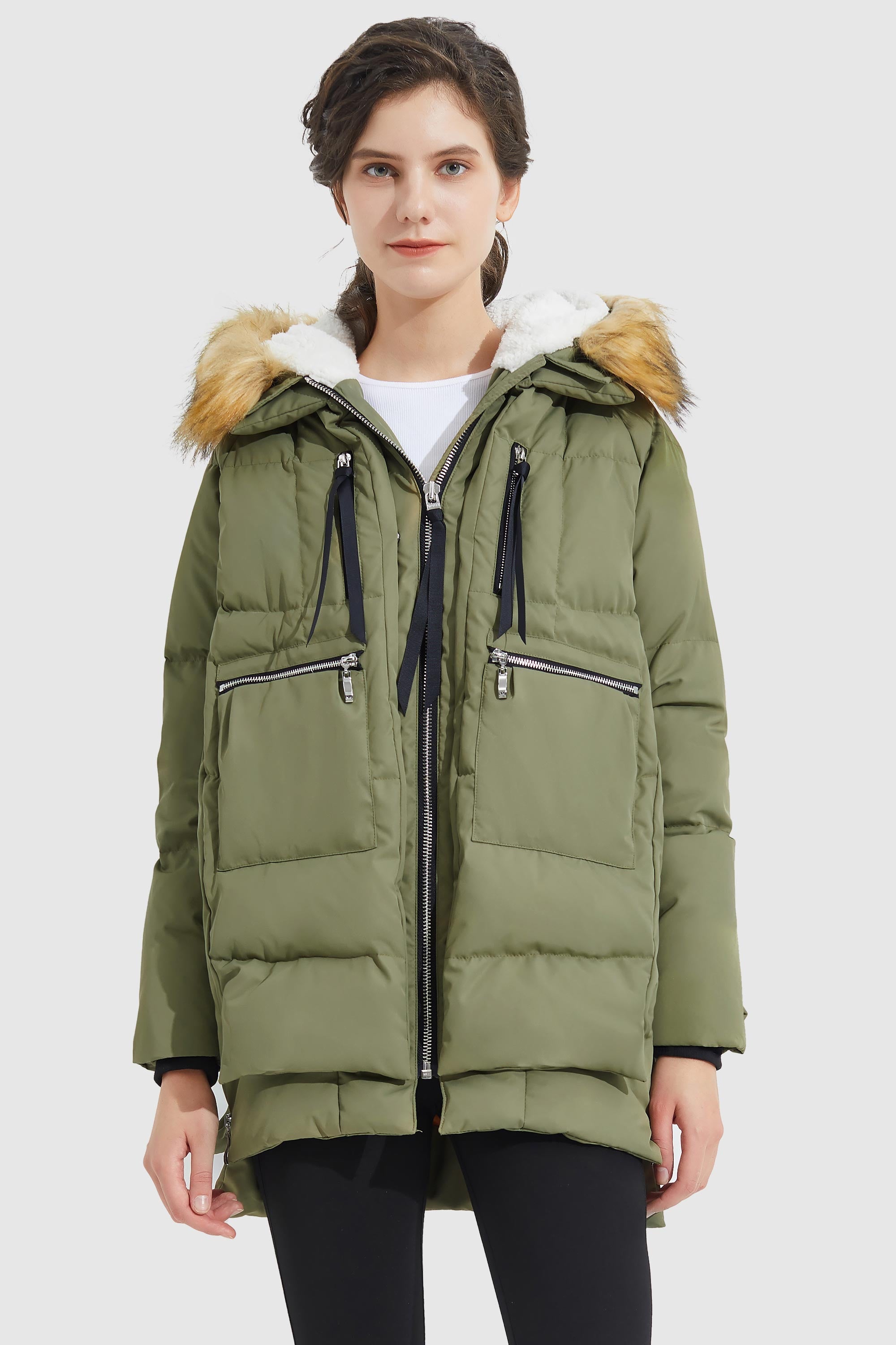 Orolay-092 Classics Thickened Down Jacket with Faux Fur Hood #color_green
