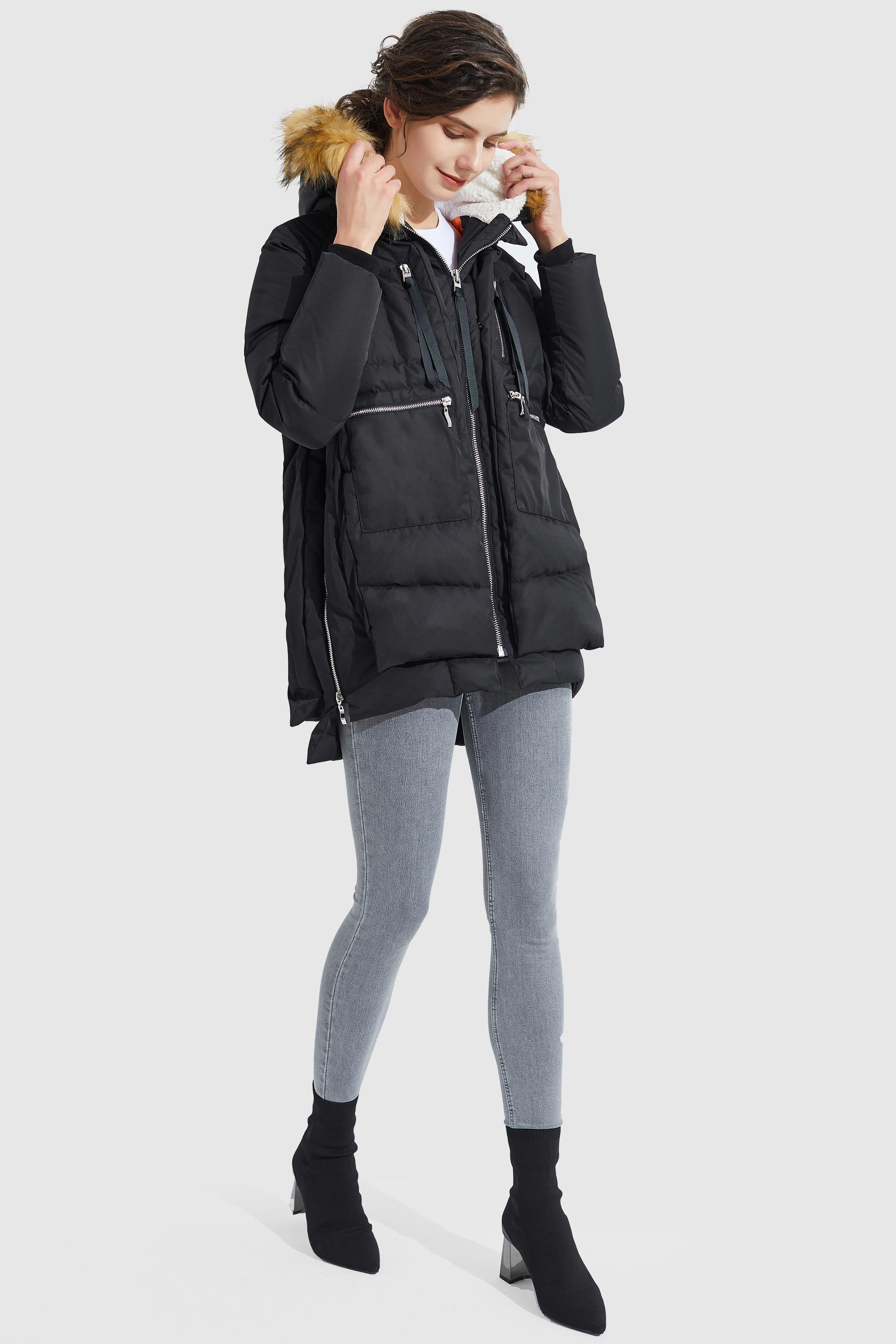 Orolay-092 Classics Thickened Down Jacket with Faux Fur Hood #color_Black