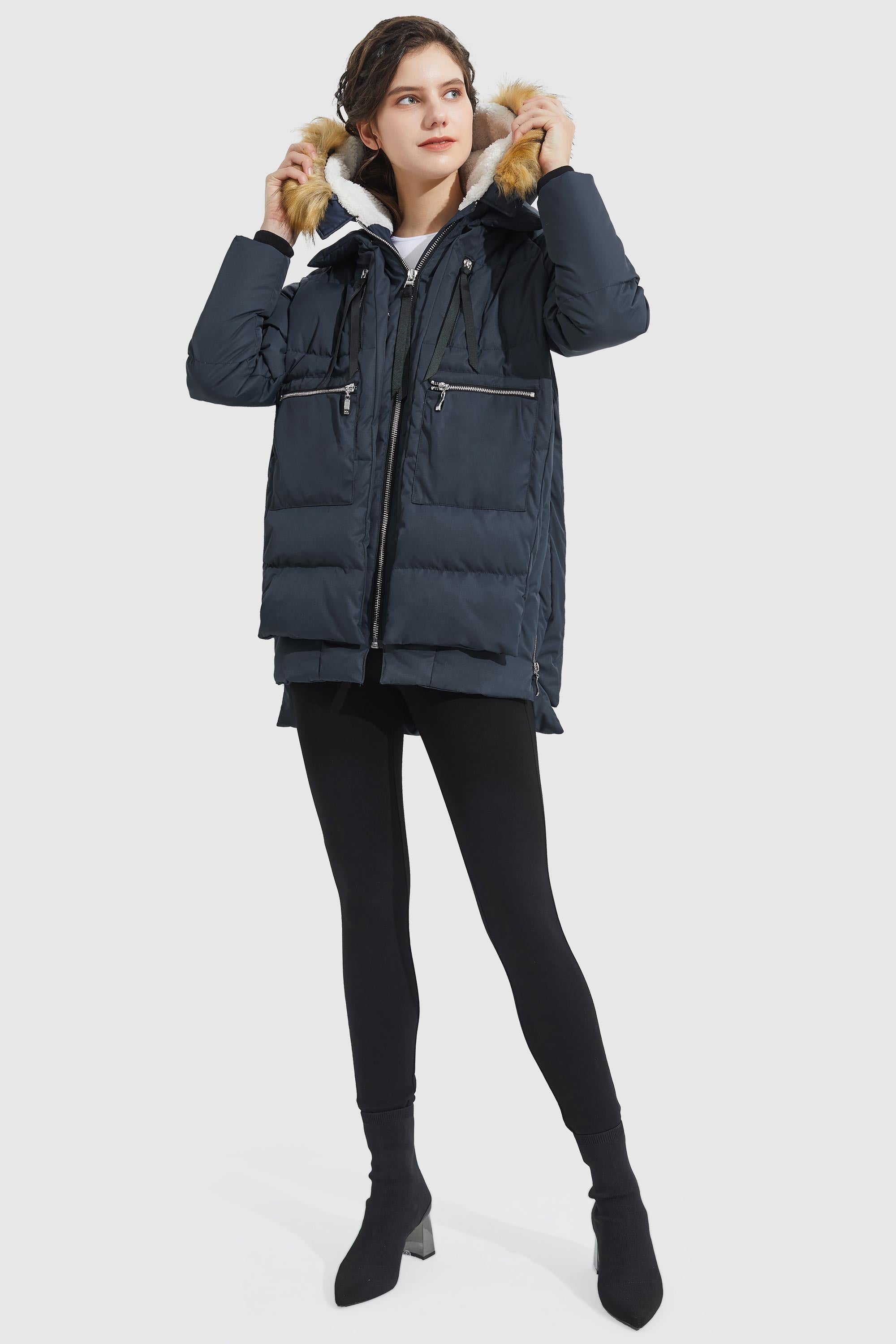 Orolay 092 Classics Thickened Down Jacket with Faux Fur Hood women #color_navy
