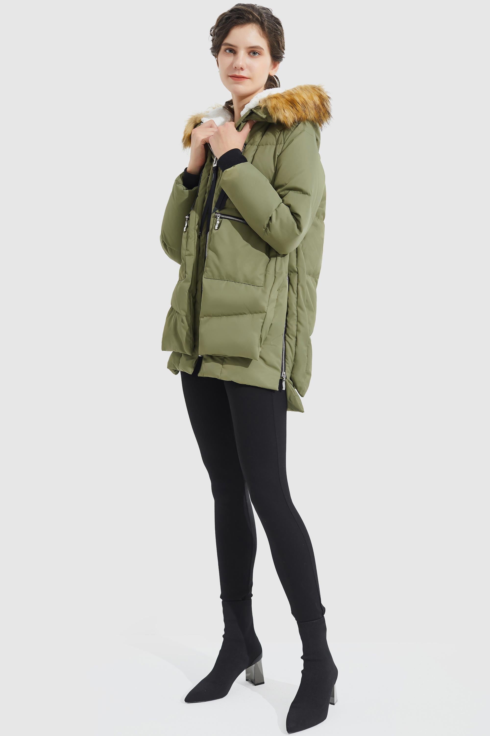 Orolay-092 Classics Thickened Down Jacket with Faux Fur Hood #color_green
