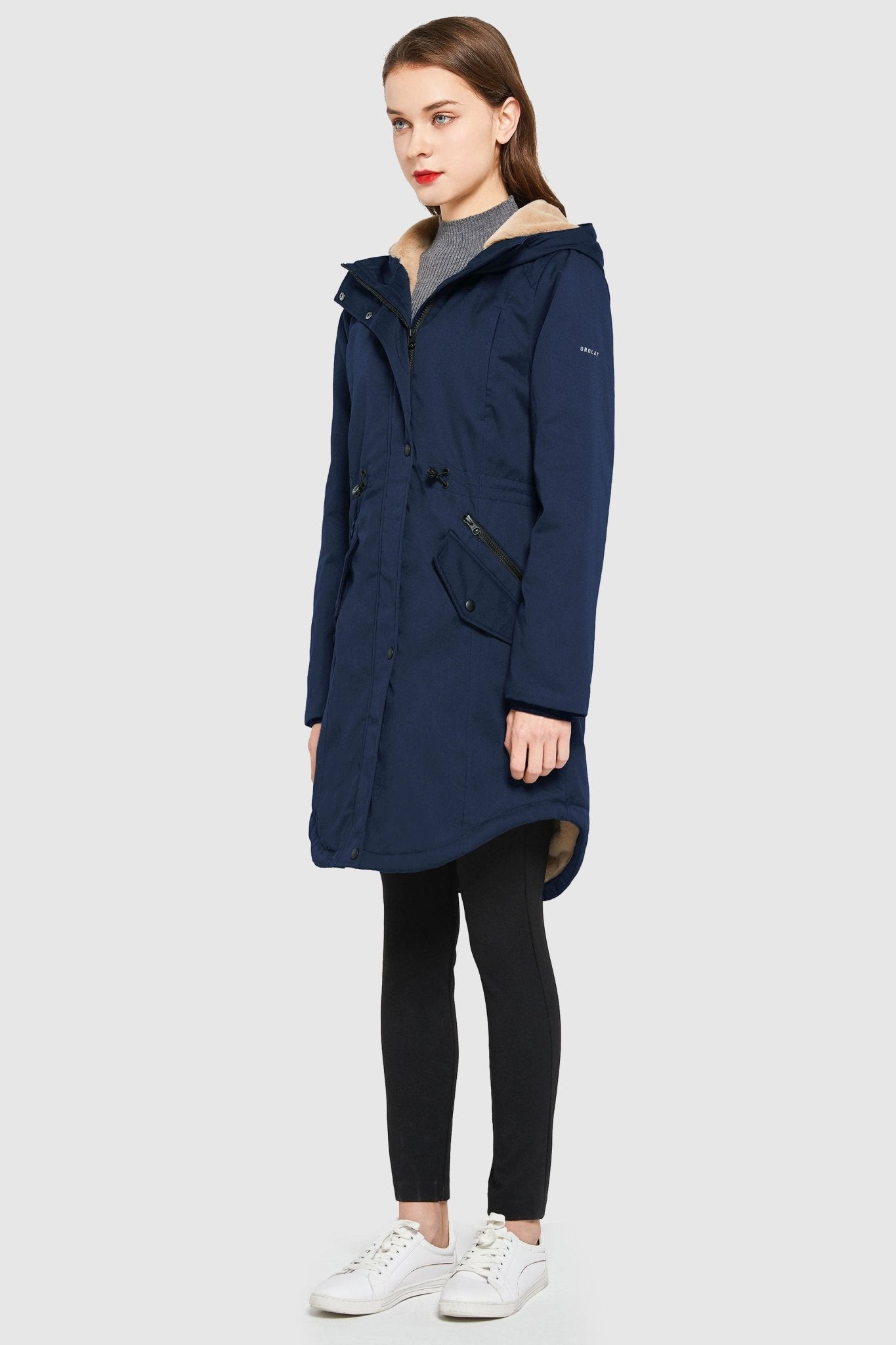 Parka-Drawstring Waist Fleece - Lined Parka - Orolay, #color_navy