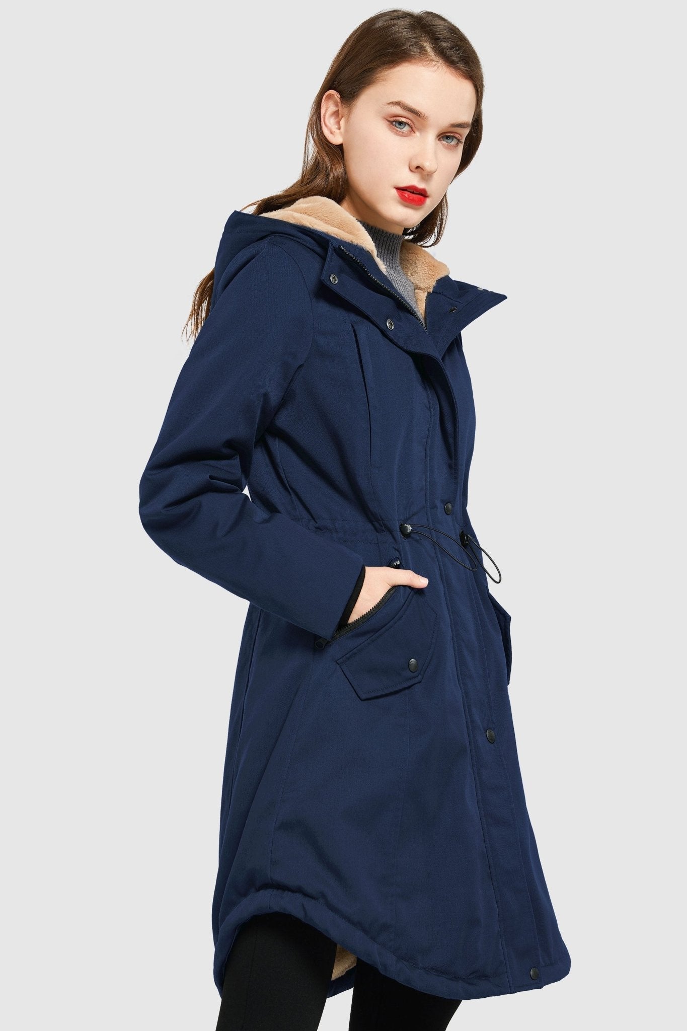 Parka-Drawstring Waist Fleece - Lined Parka - Orolay, #color_navy