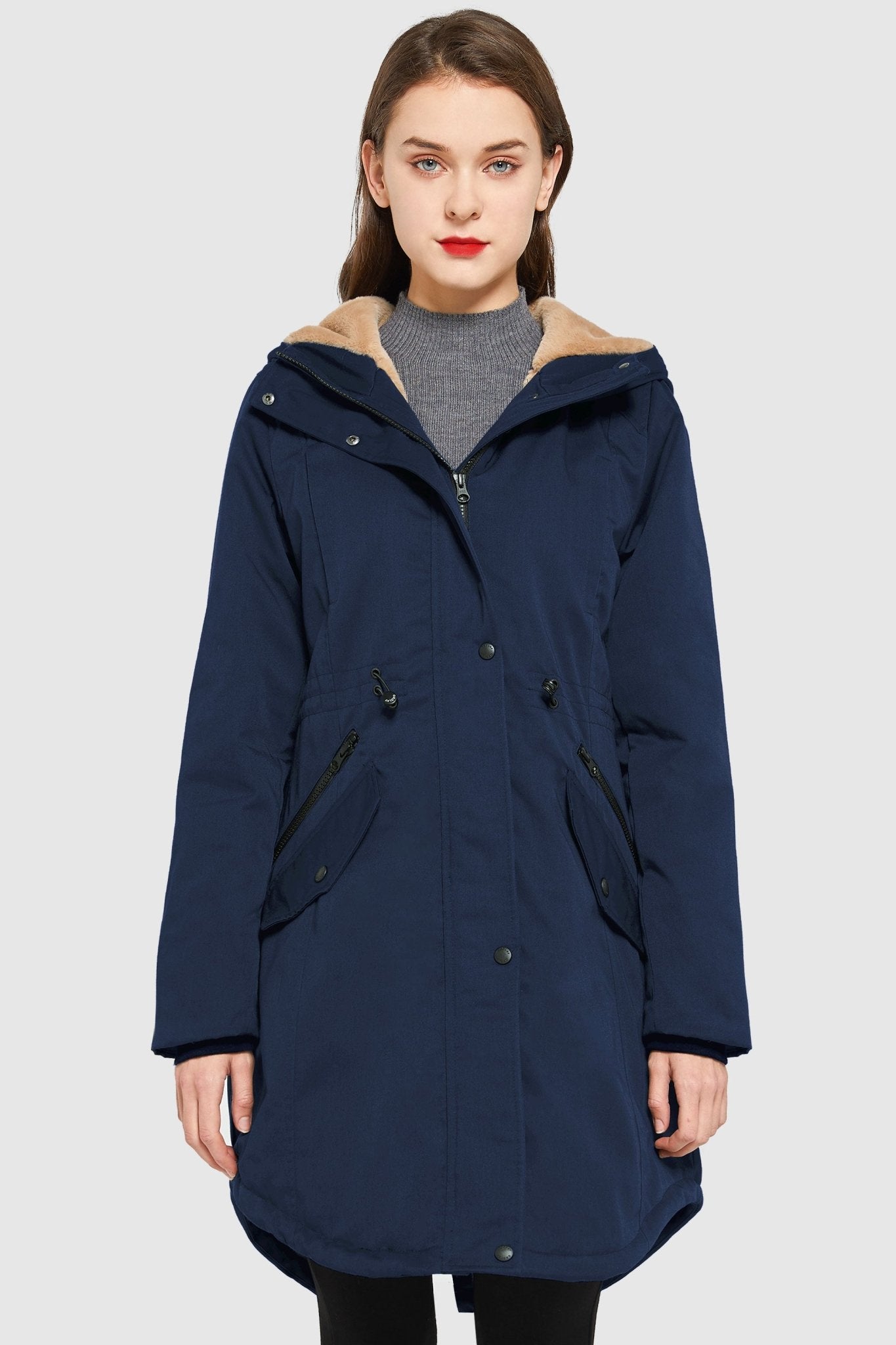 Parka-Drawstring Waist Fleece - Lined Parka - Orolay, #color_navy