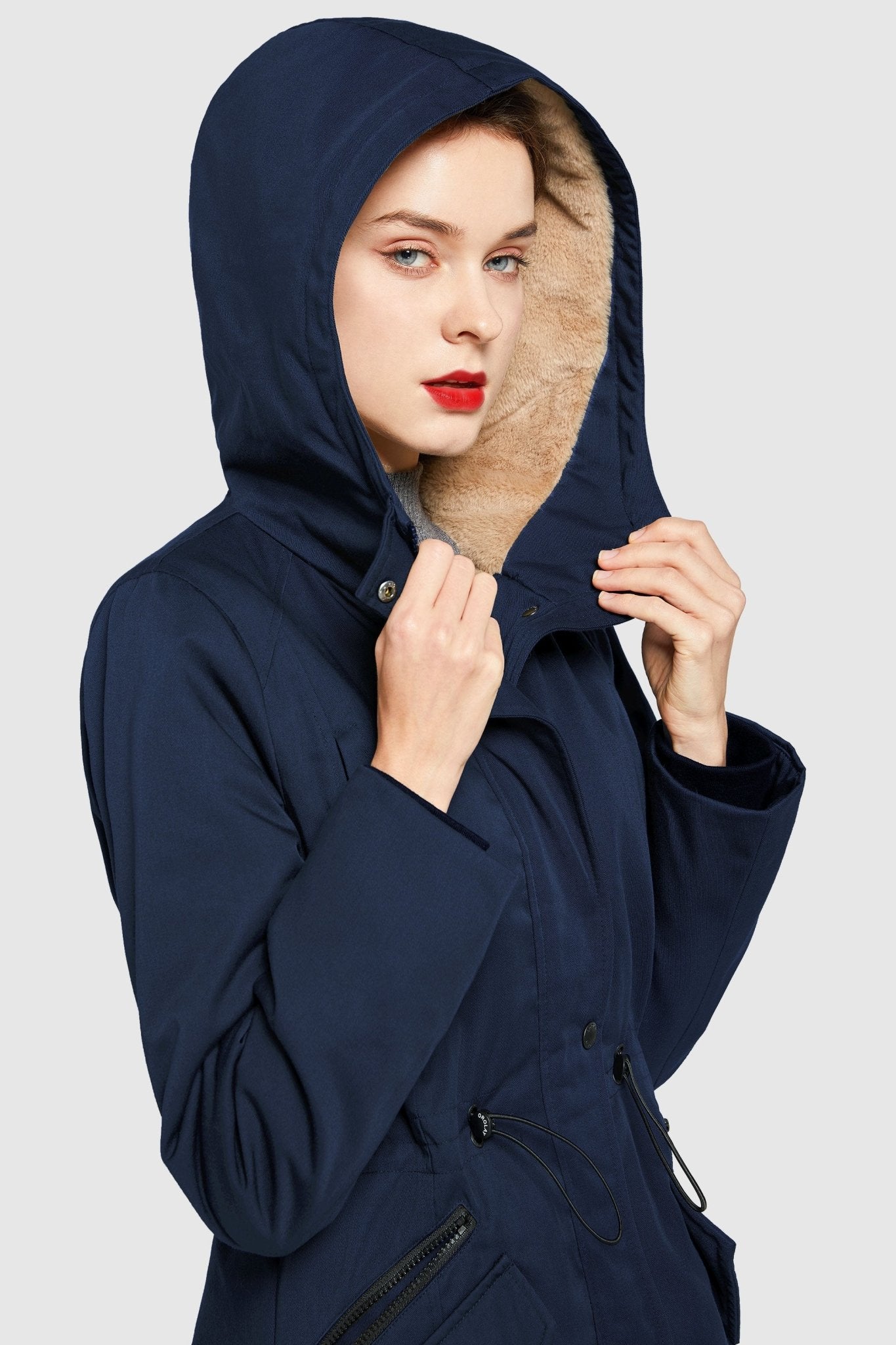 Parka-Drawstring Waist Fleece - Lined Parka - Orolay, #color_navy