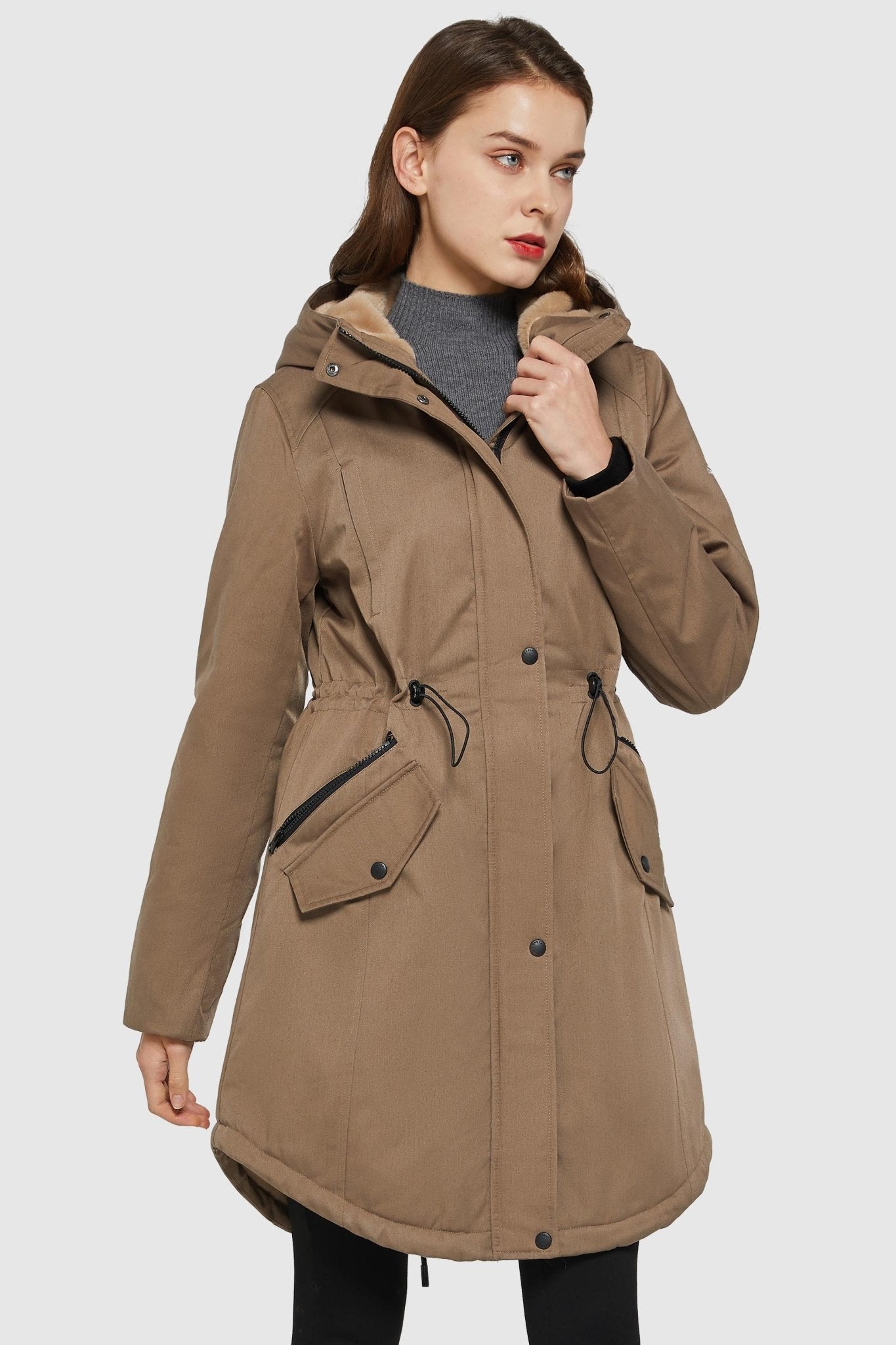 Parka-Drawstring Waist Fleece - Lined Parka - Orolay, #color_khaki