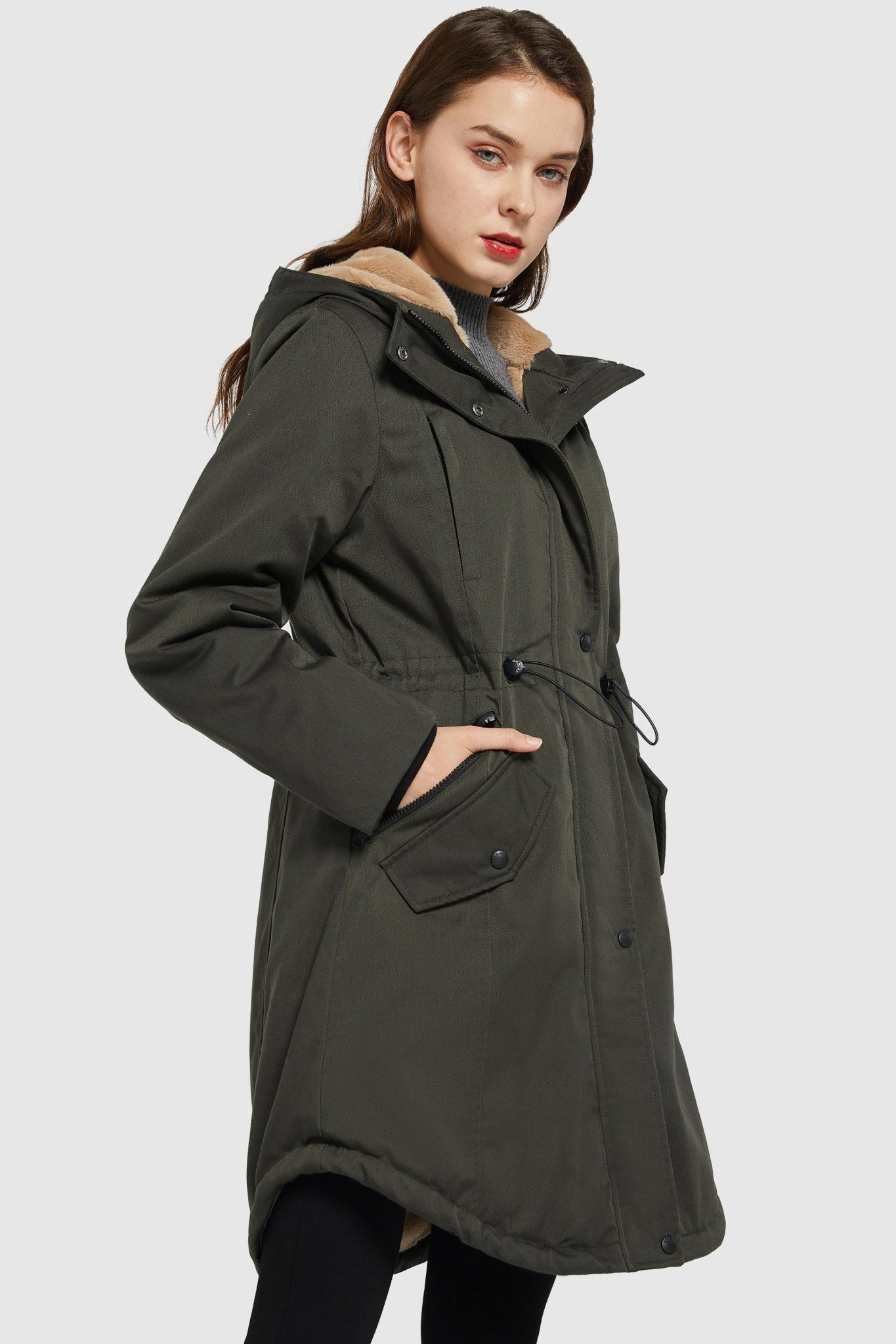 Parka-Drawstring Waist Fleece - Lined Parka - Orolay, #color_dark green