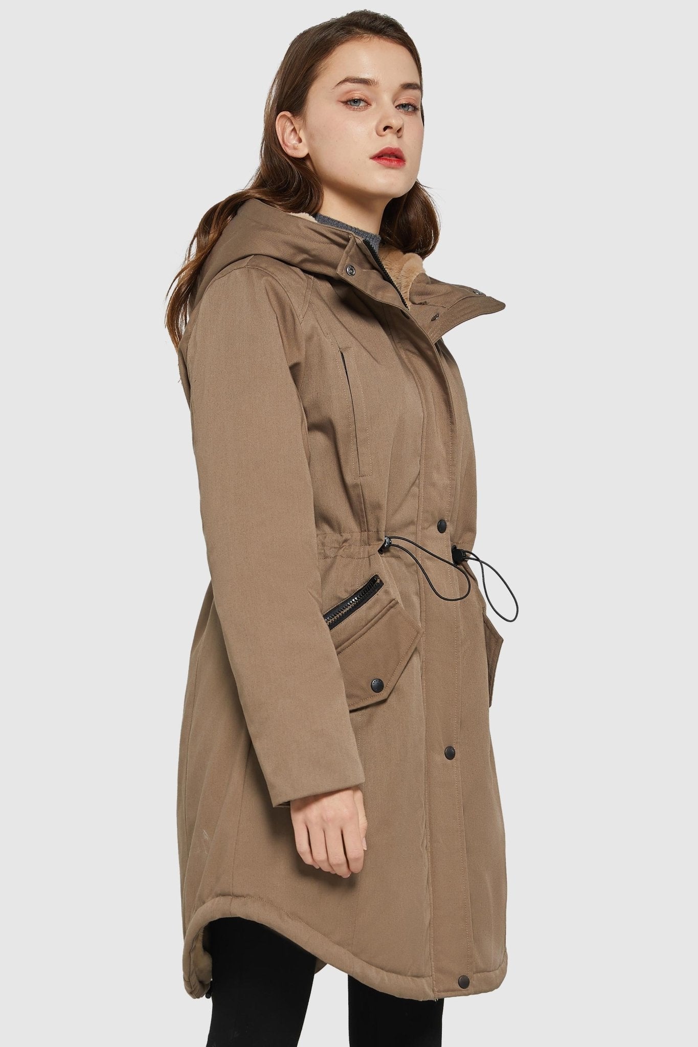 Parka-Drawstring Waist Fleece - Lined Parka - Orolay, #color_khaki