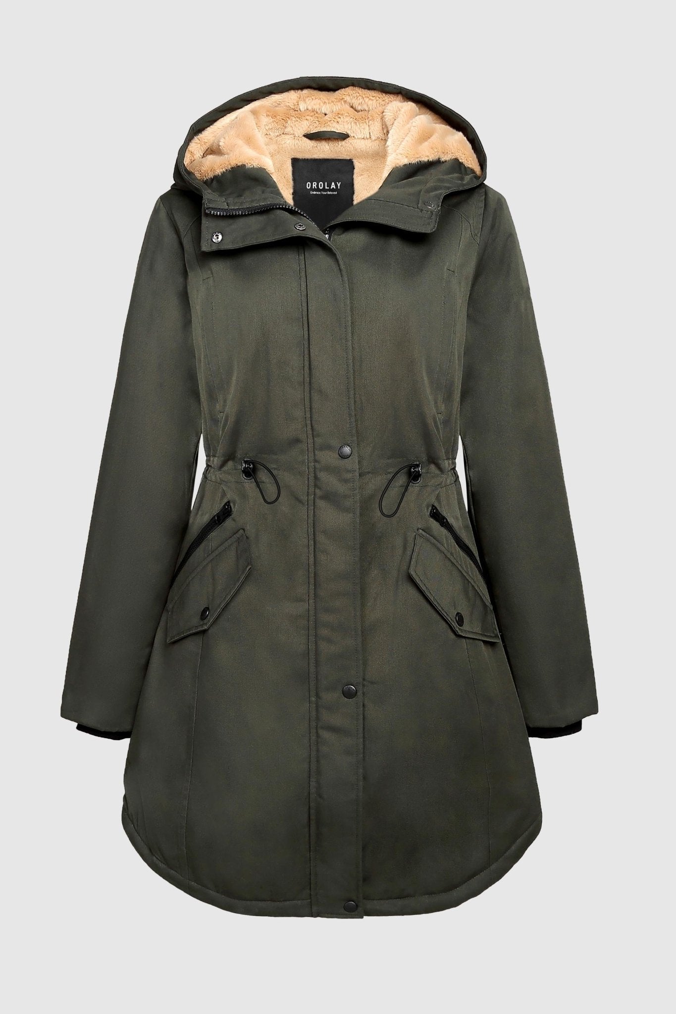 Orolay-Drawstring Waist Fleece-Lined Parka-#color_Dark greeb