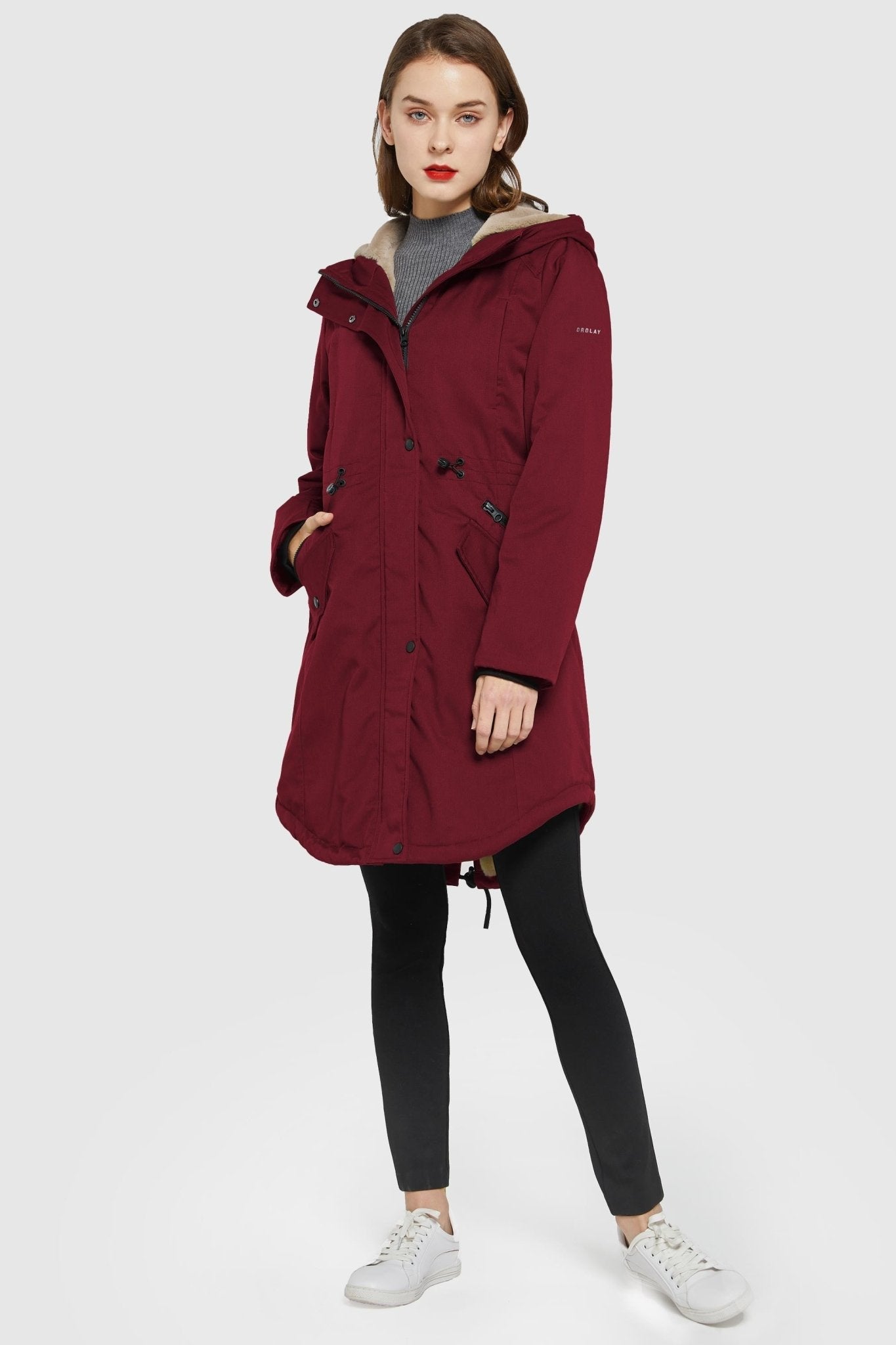 Parka-Drawstring Waist Fleece - Lined Parka - Orolay, #color_Dark Red