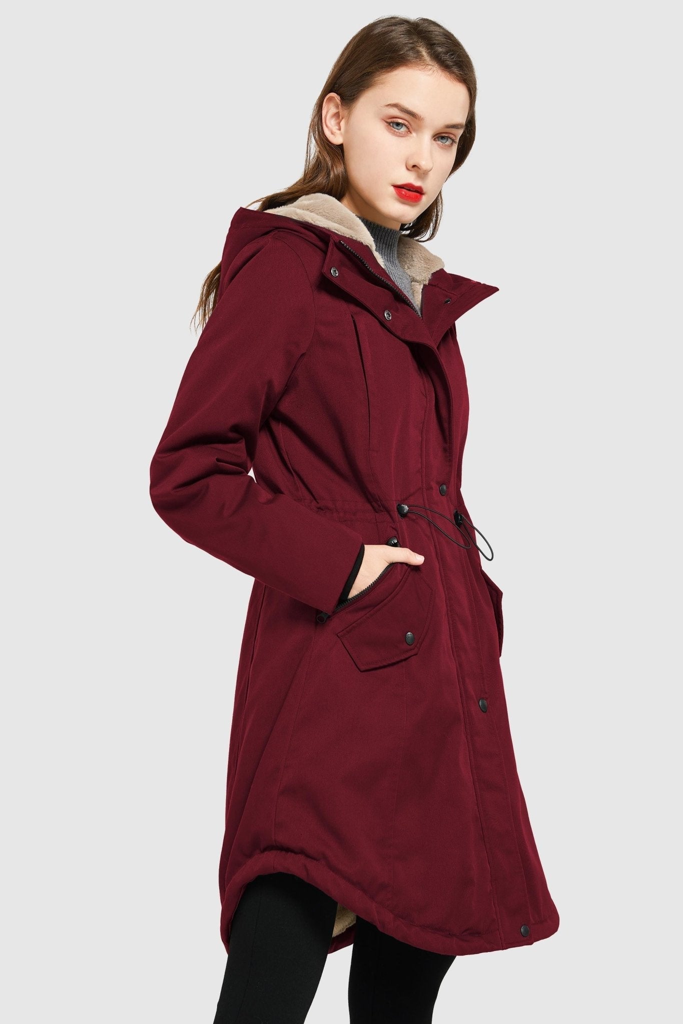 Parka-Drawstring Waist Fleece - Lined Parka - Orolay, #color_Dark Red