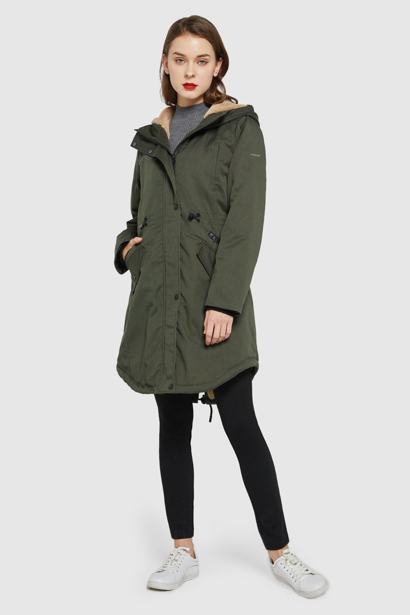 Parka-Drawstring Waist Fleece - Lined Parka - Orolay, #color_dark green
