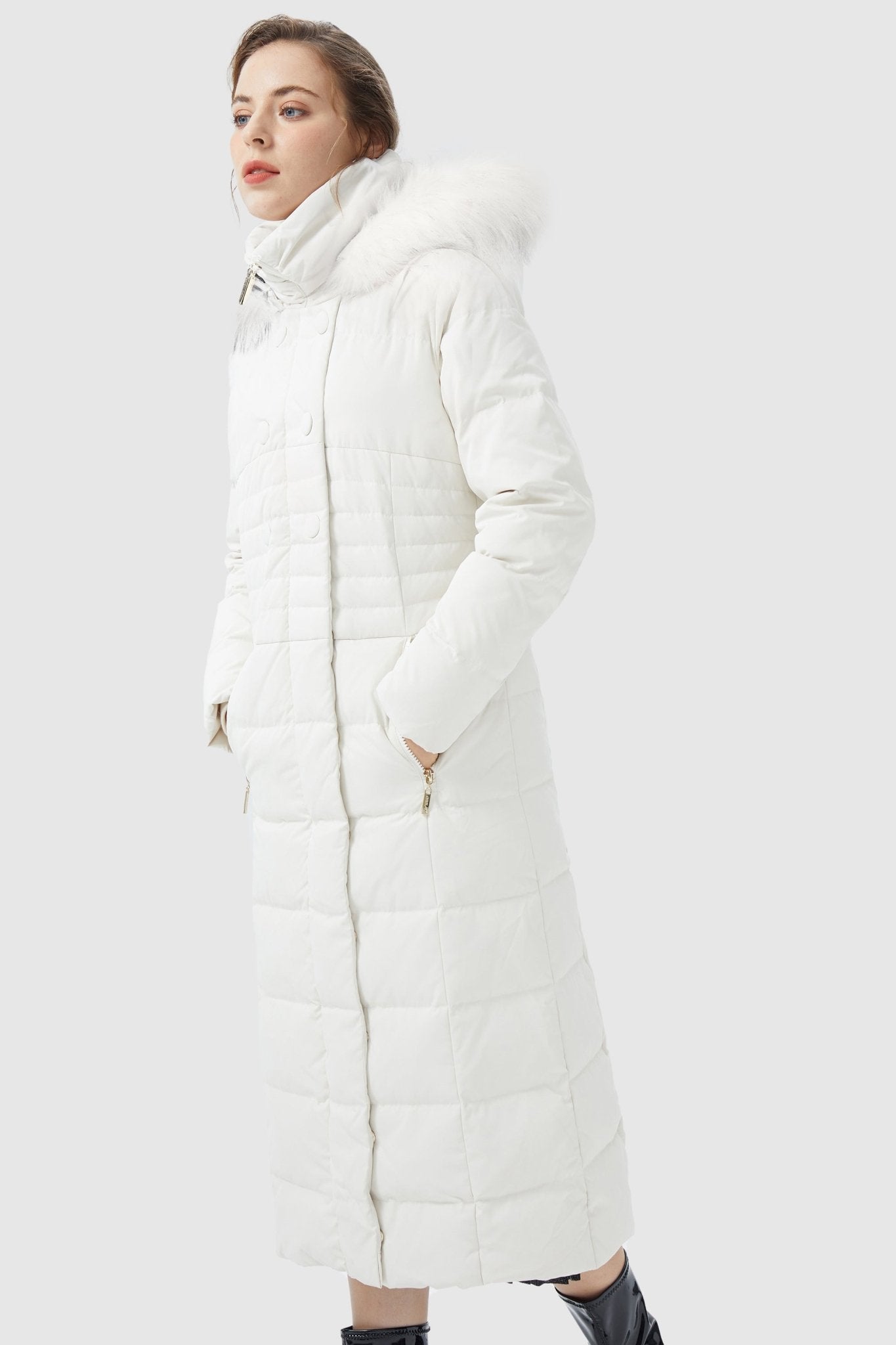Orolay-Long Puffer Coat with Hood Fur-Long Puffer Coat with Hood Fur - Orolay, #color_off-White