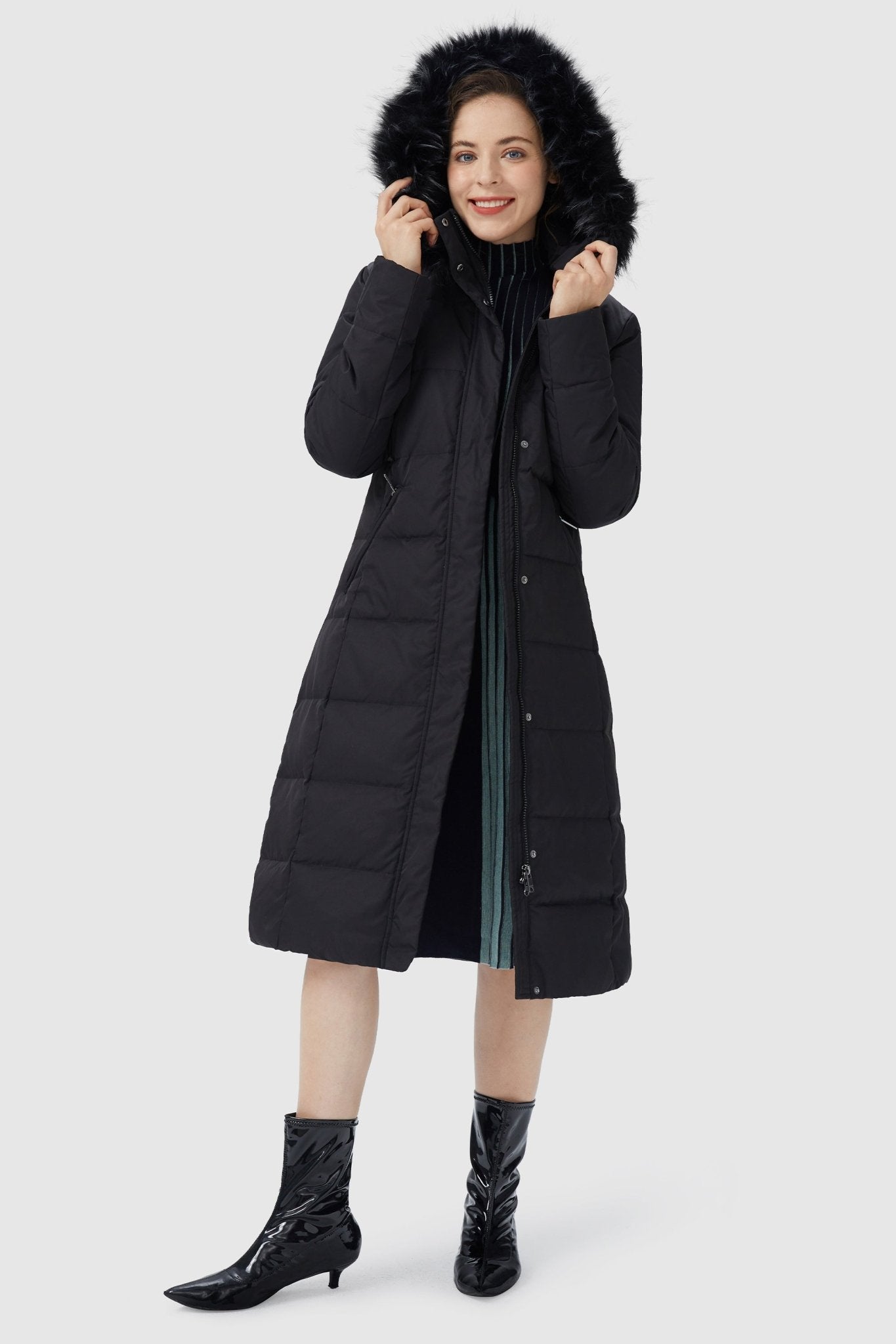 Orolay-Long Puffer Faux Fur Hood Down Coat-Long Puffer Faux Fur Hood Down Coat - Orolay, #color_Black
