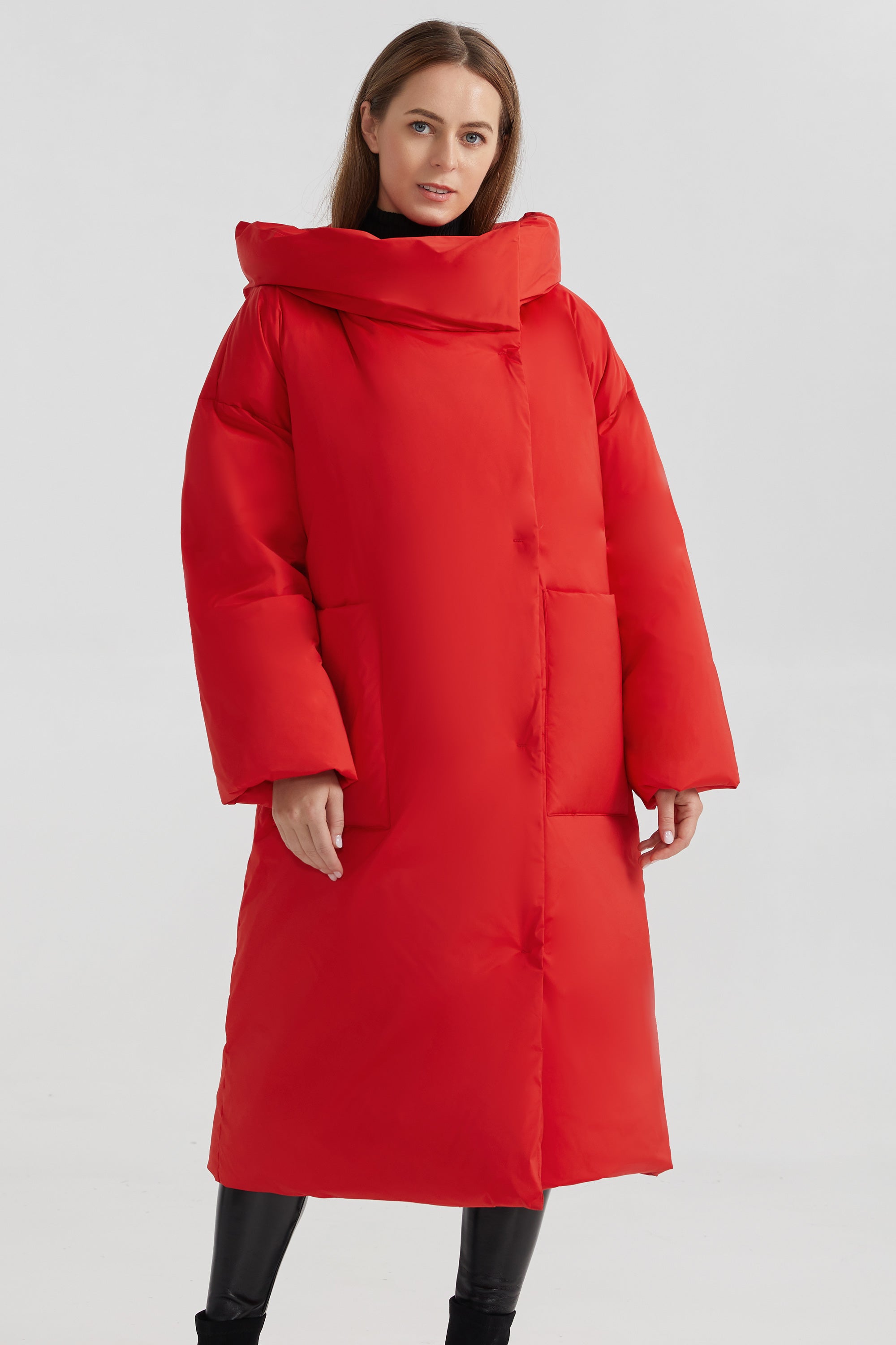 Orolay-Oversized Long Puffer Down Coat with Hood-#color_Fiery Red