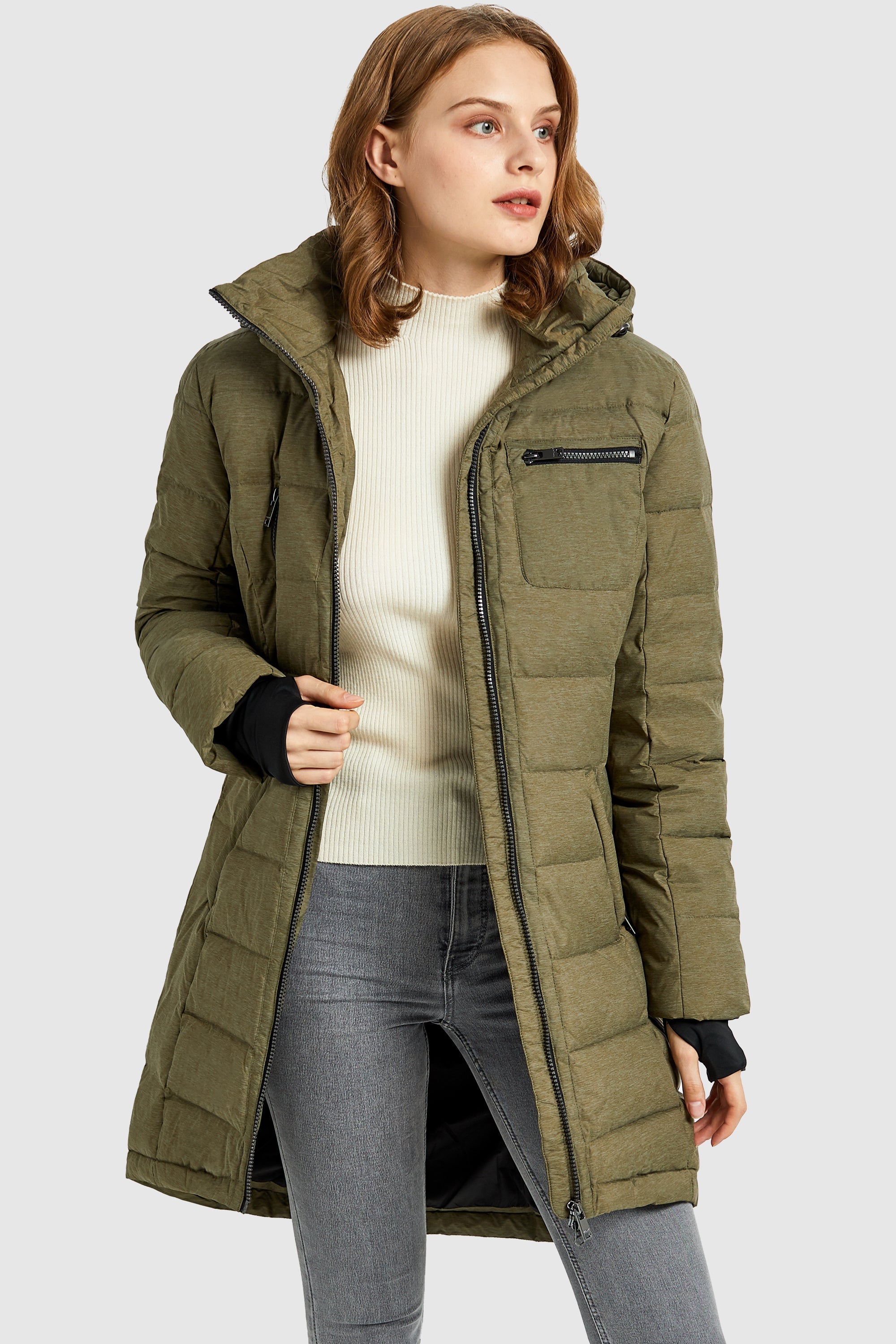 Orolay Slant Pocket Zip up Puffer Down Coat women #color_army green