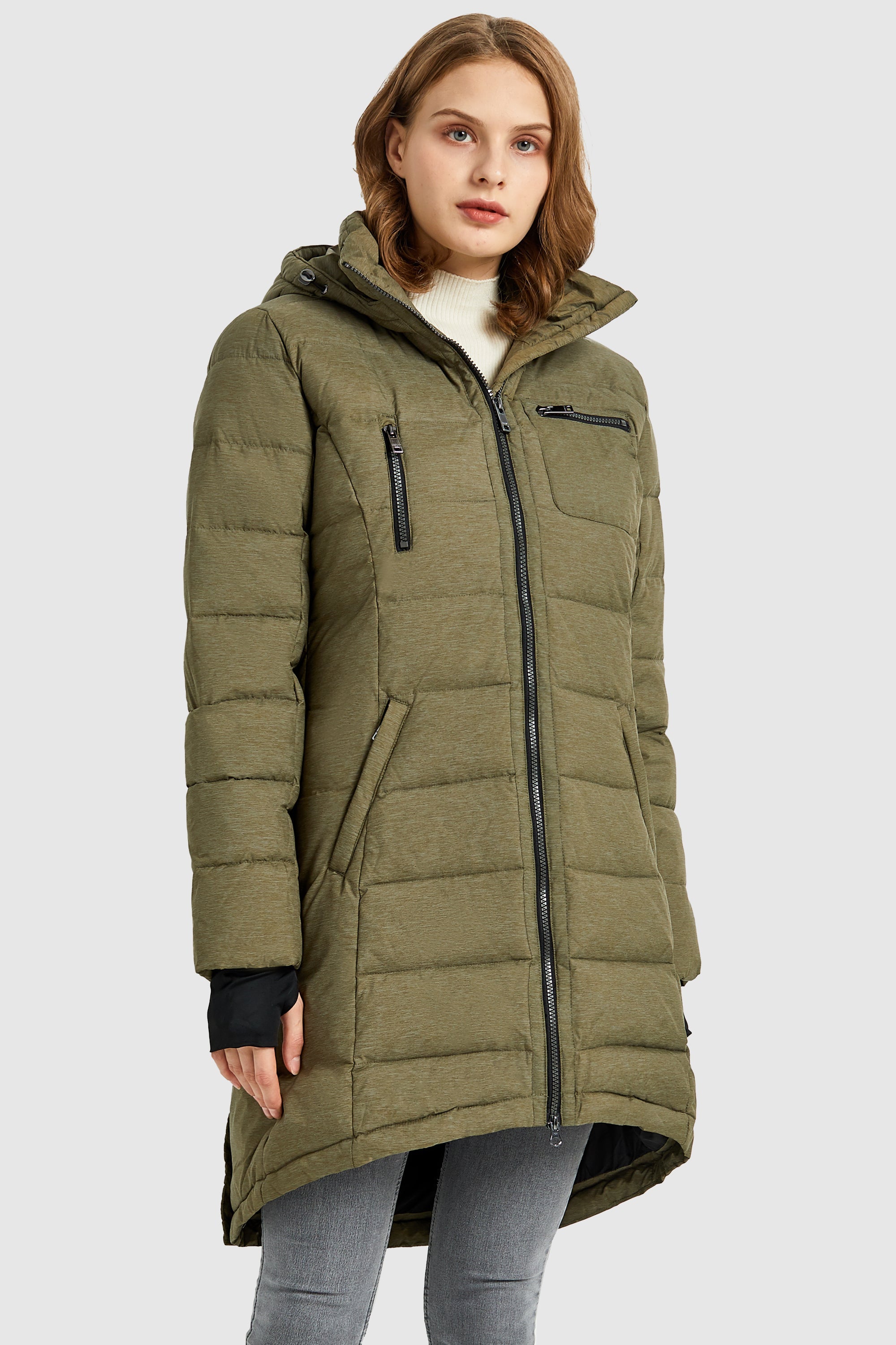 Orolay Slant Pocket Zip up Puffer Down Coat women #color_army green