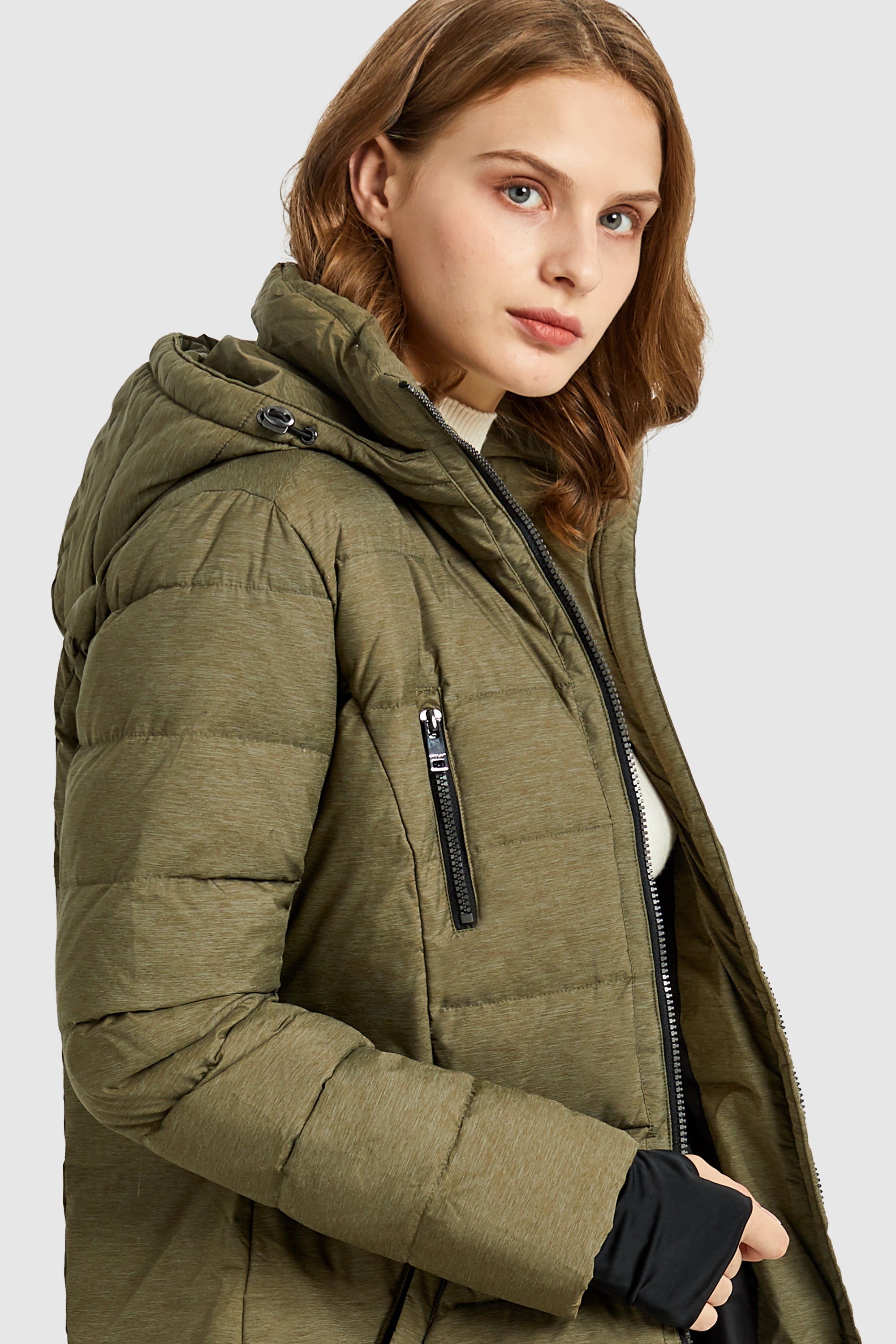Orolay Slant Pocket Zip up Puffer Down Coat women #color_army green