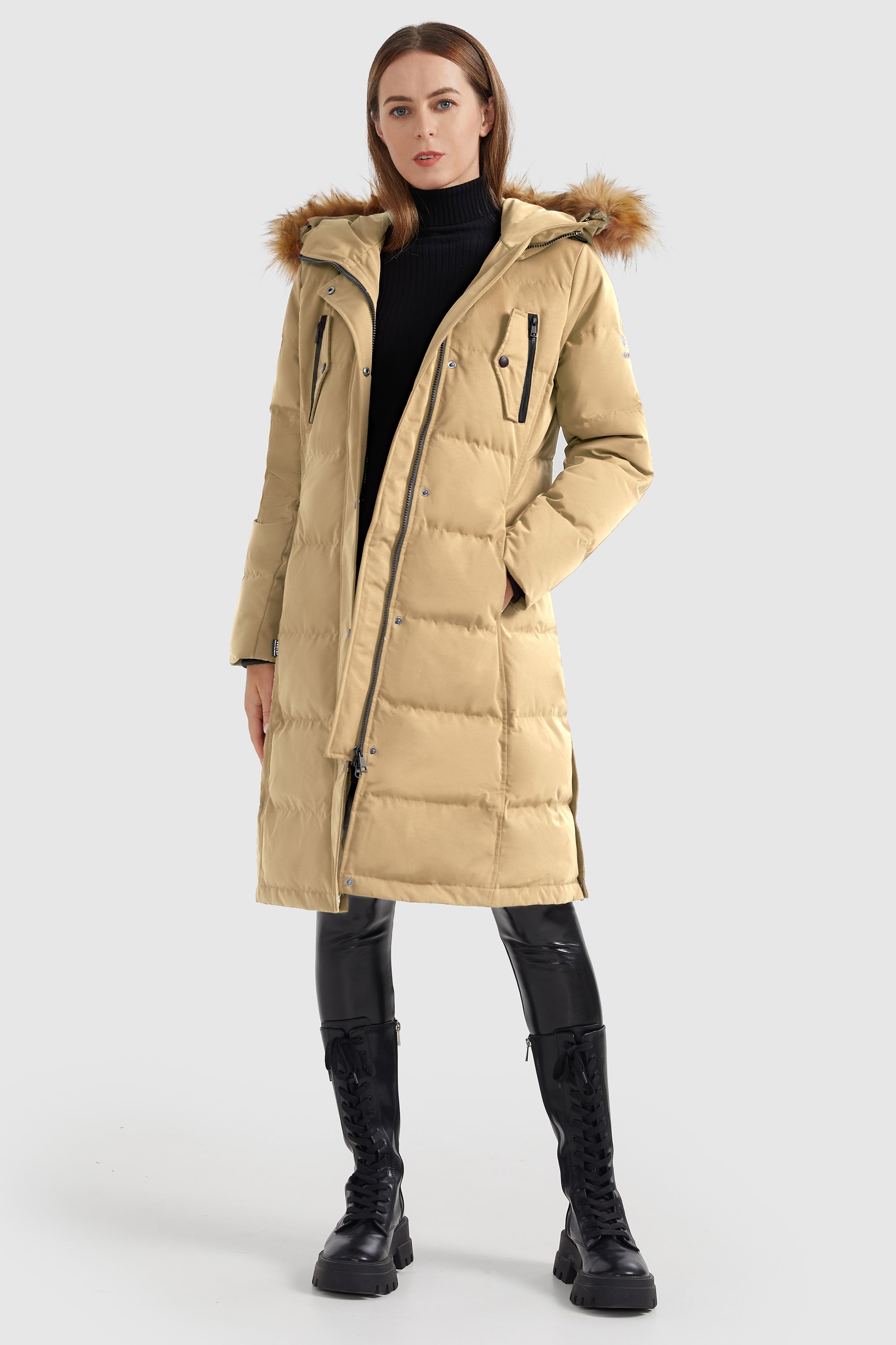 Orolay-Windproof Puffer Fur Hooded Down Coat-#color_Sand