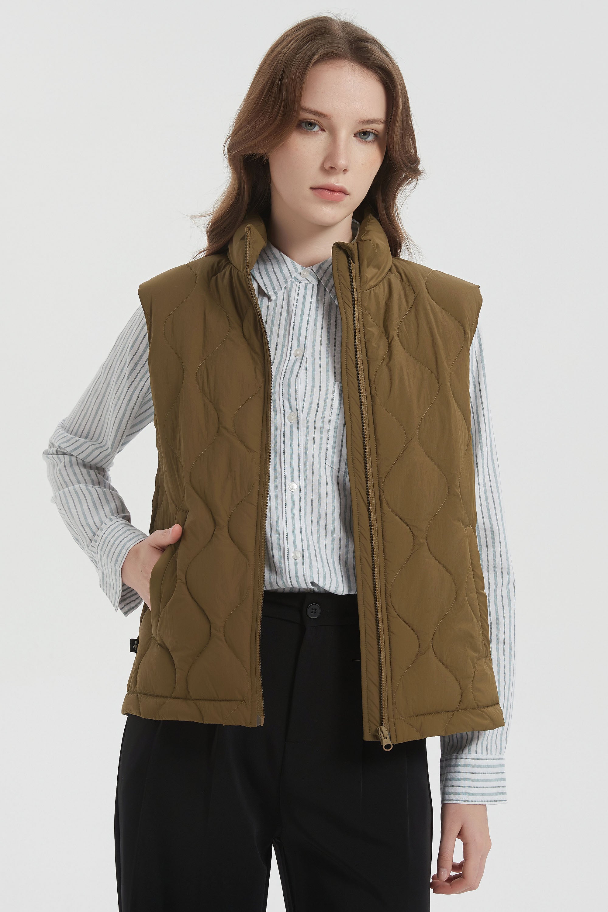 OROLAY Cropped Puffer Vest Zip Up Lightweight #color_coffee