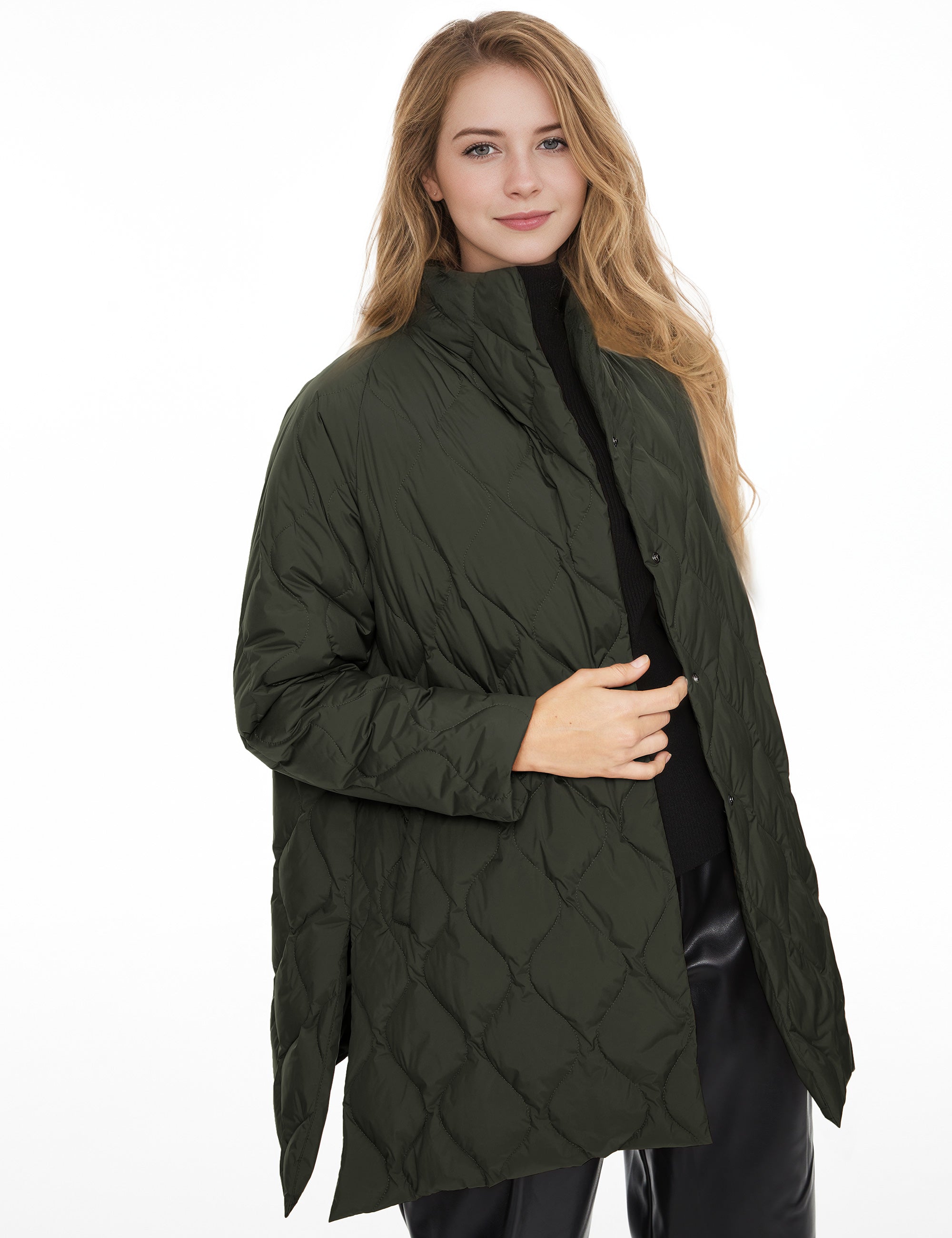 Orolay Oversized Quilted Puffer Jacket Lightweight with Pockets #color_green
