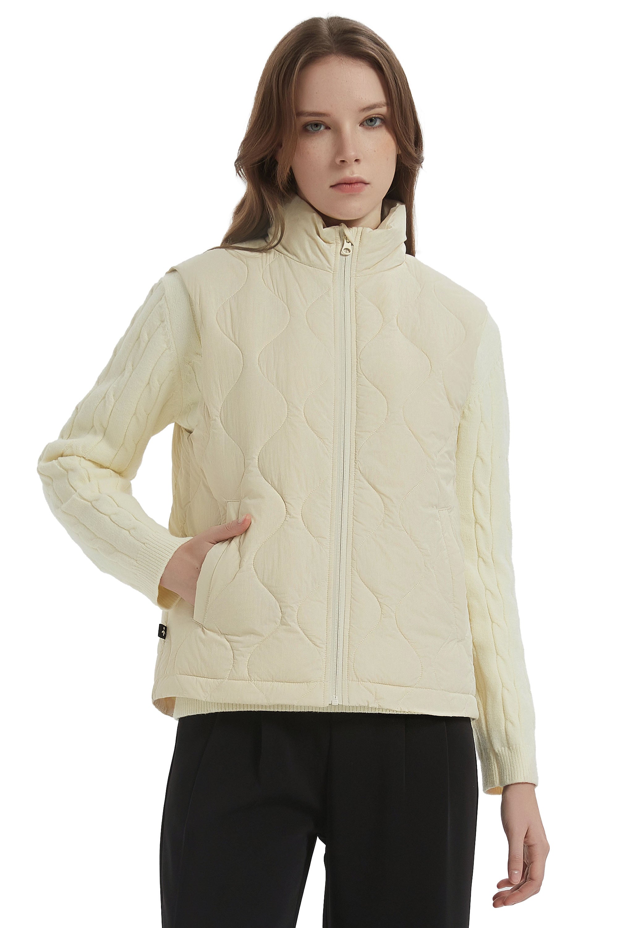 OROLAY Cropped Puffer Vest Zip Up Lightweight #color_beige