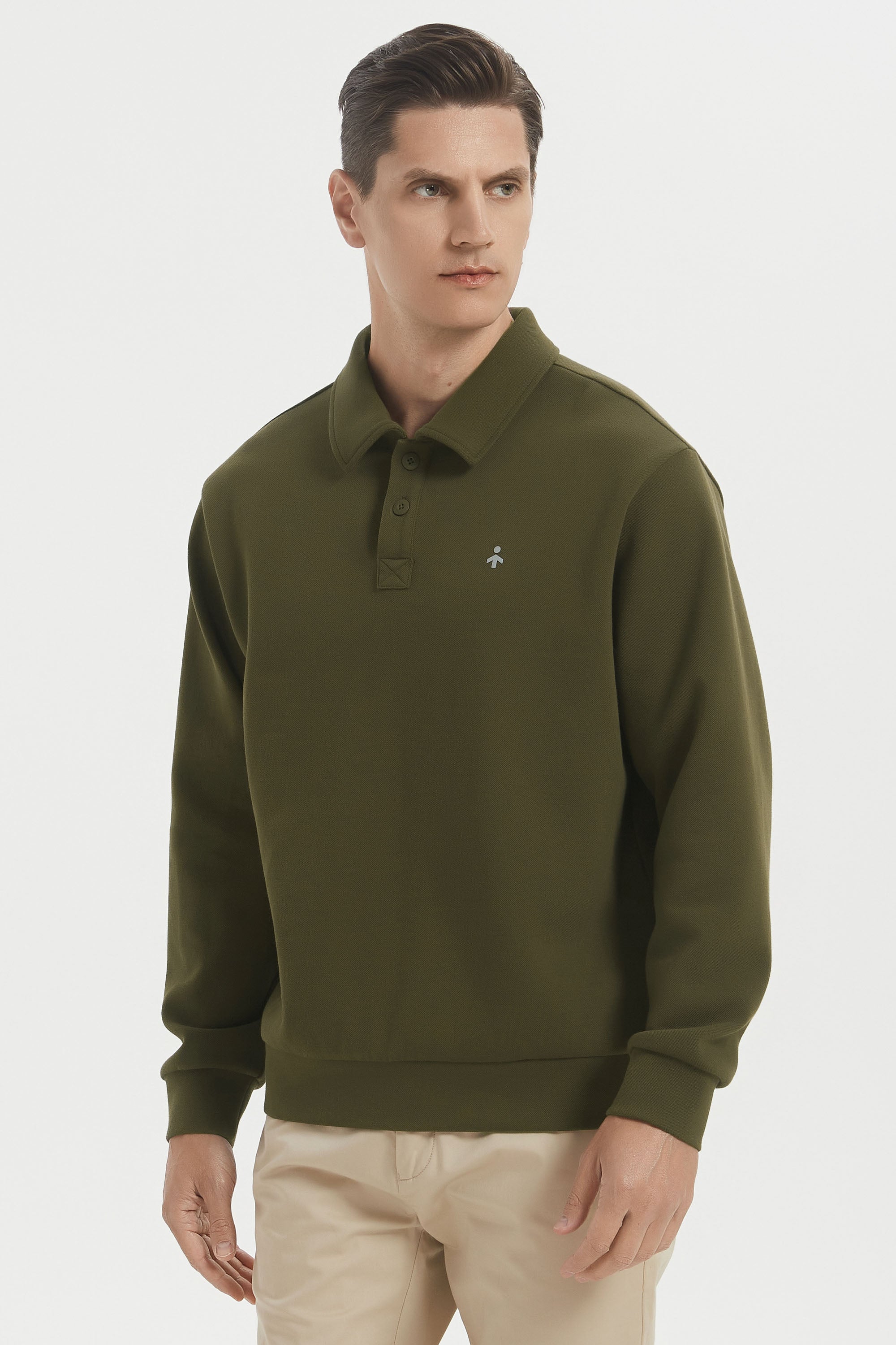 Orolay Long Sleeve Polo Sweatshirt  Regular Fit Button V Neck #color_dark green