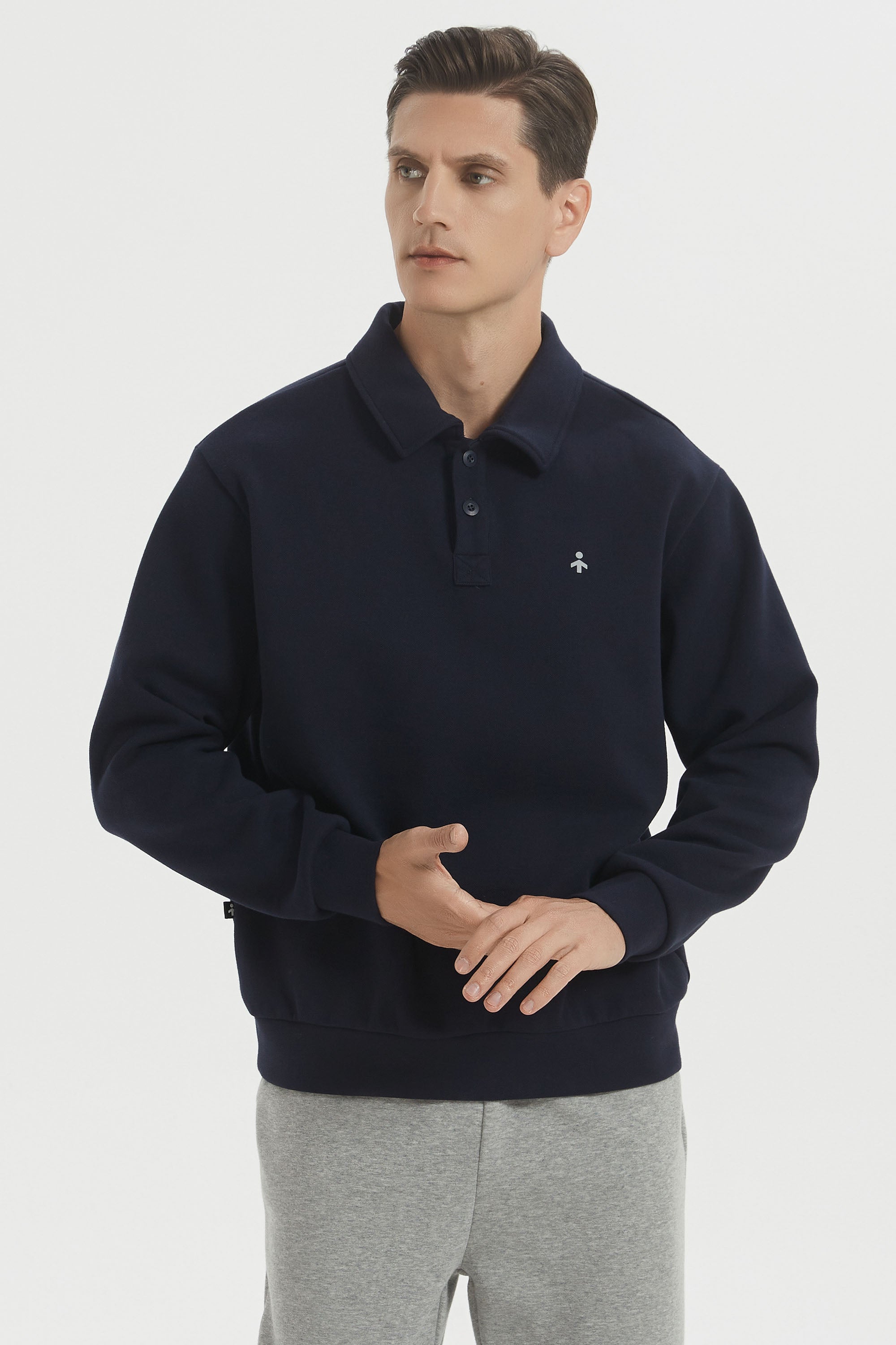 Orolay Long Sleeve Polo Sweatshirt  Regular Fit Button V Neck #color_navy