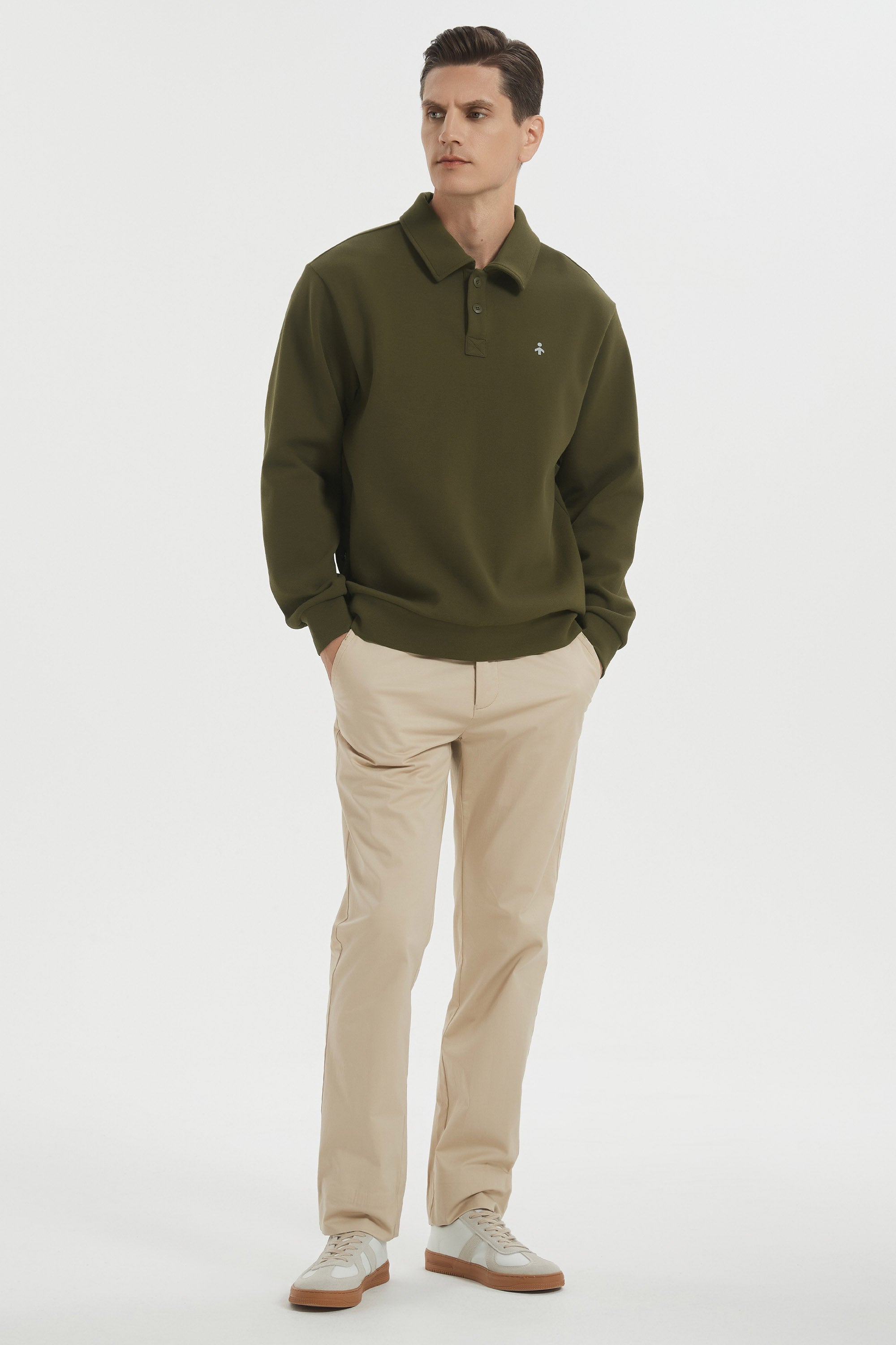 Orolay Long Sleeve Polo Sweatshirt  Regular Fit Button V Neck #color_dark green