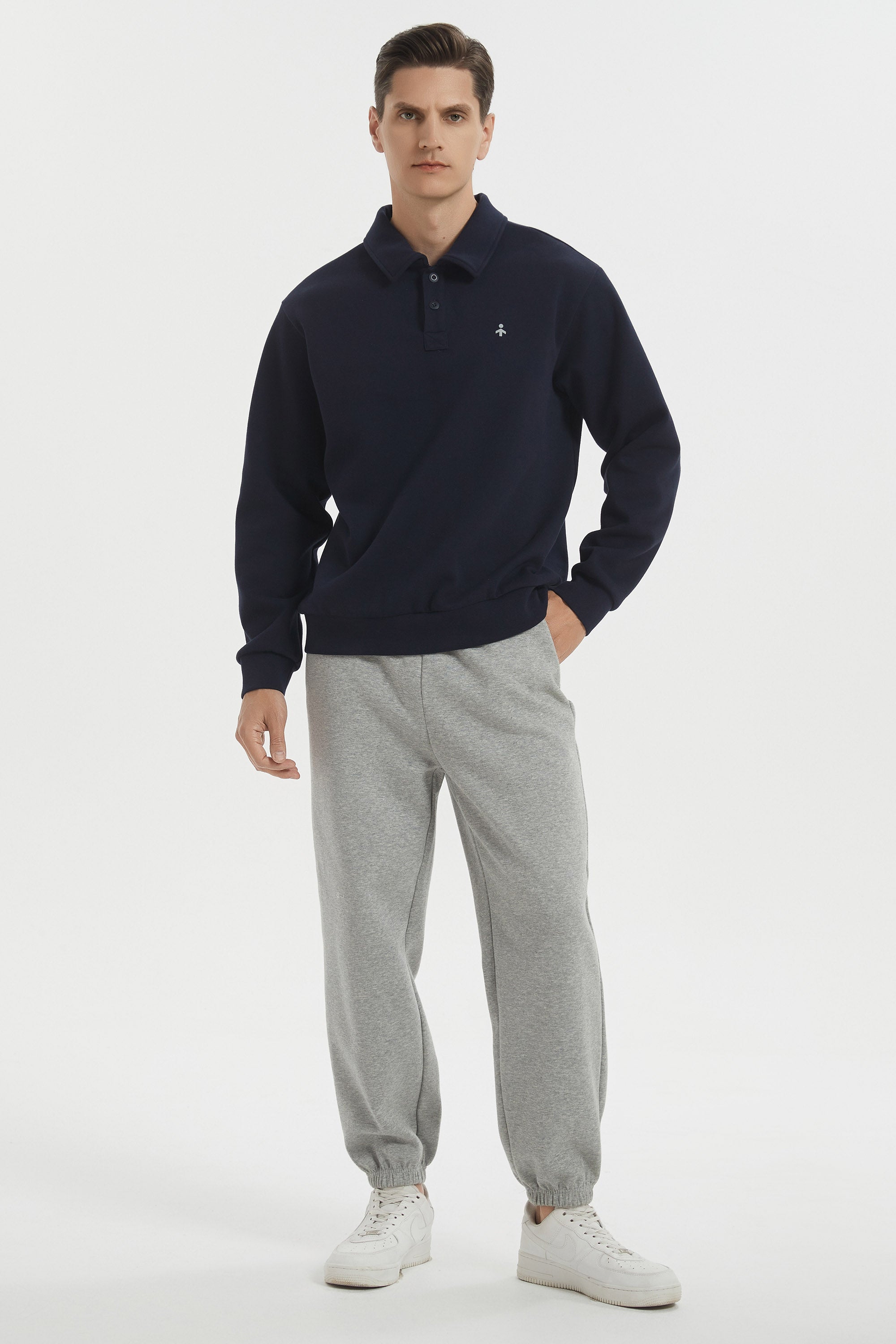 Orolay Long Sleeve Polo Sweatshirt  Regular Fit Button V Neck #color_navy