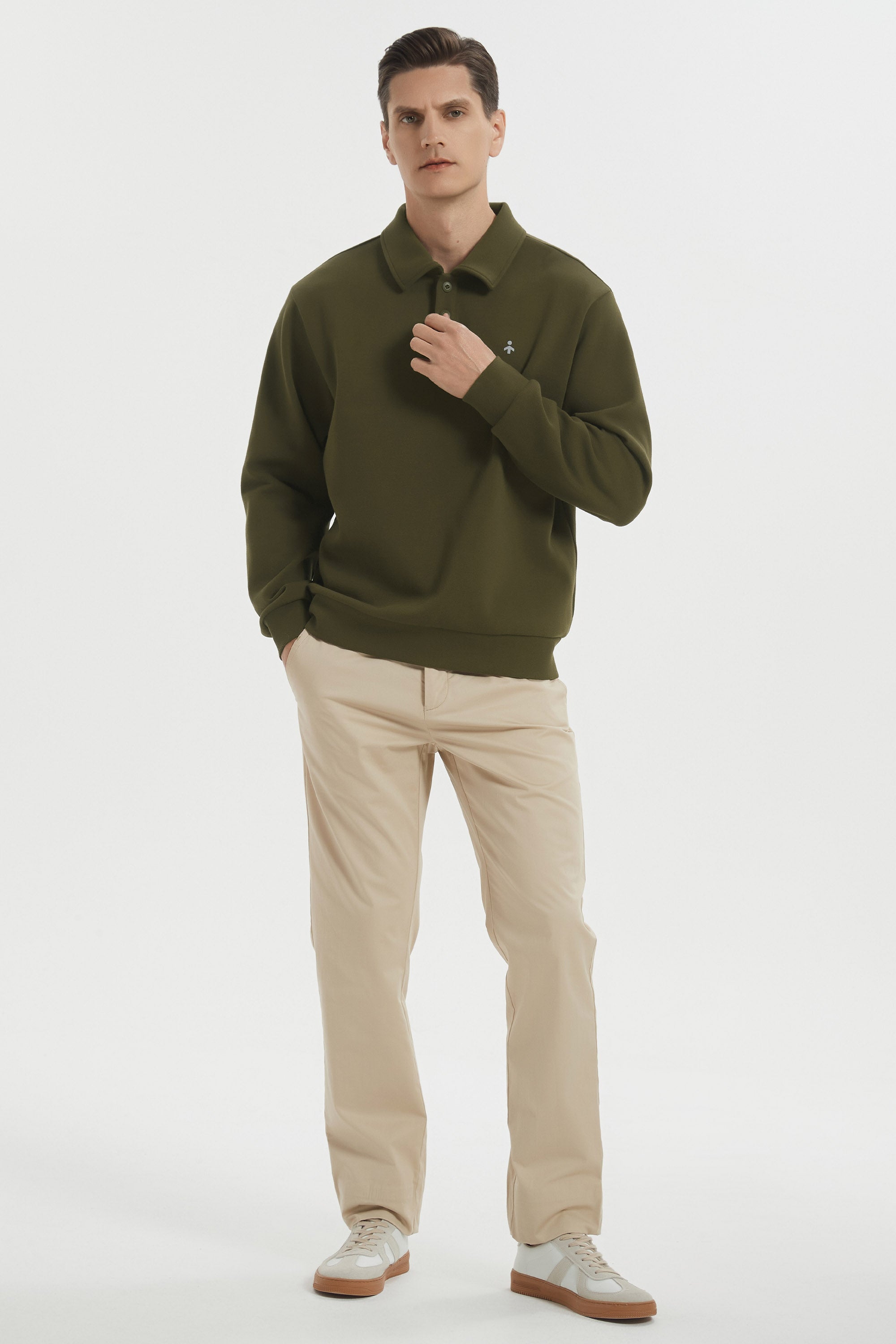 Orolay Long Sleeve Polo Sweatshirt  Regular Fit Button V Neck #color_dark green