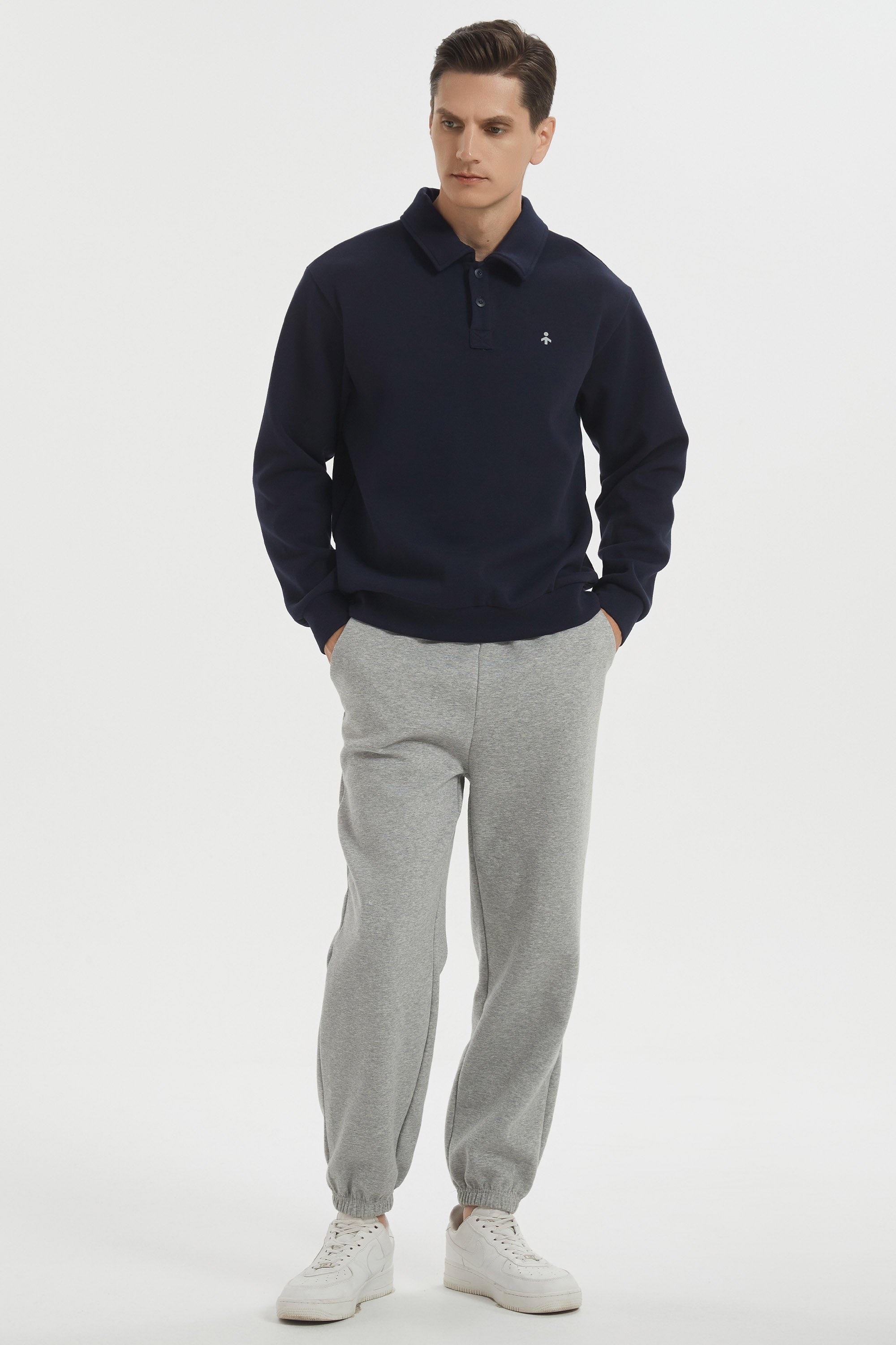 Orolay Long Sleeve Polo Sweatshirt  Regular Fit Button V Neck #color_navy