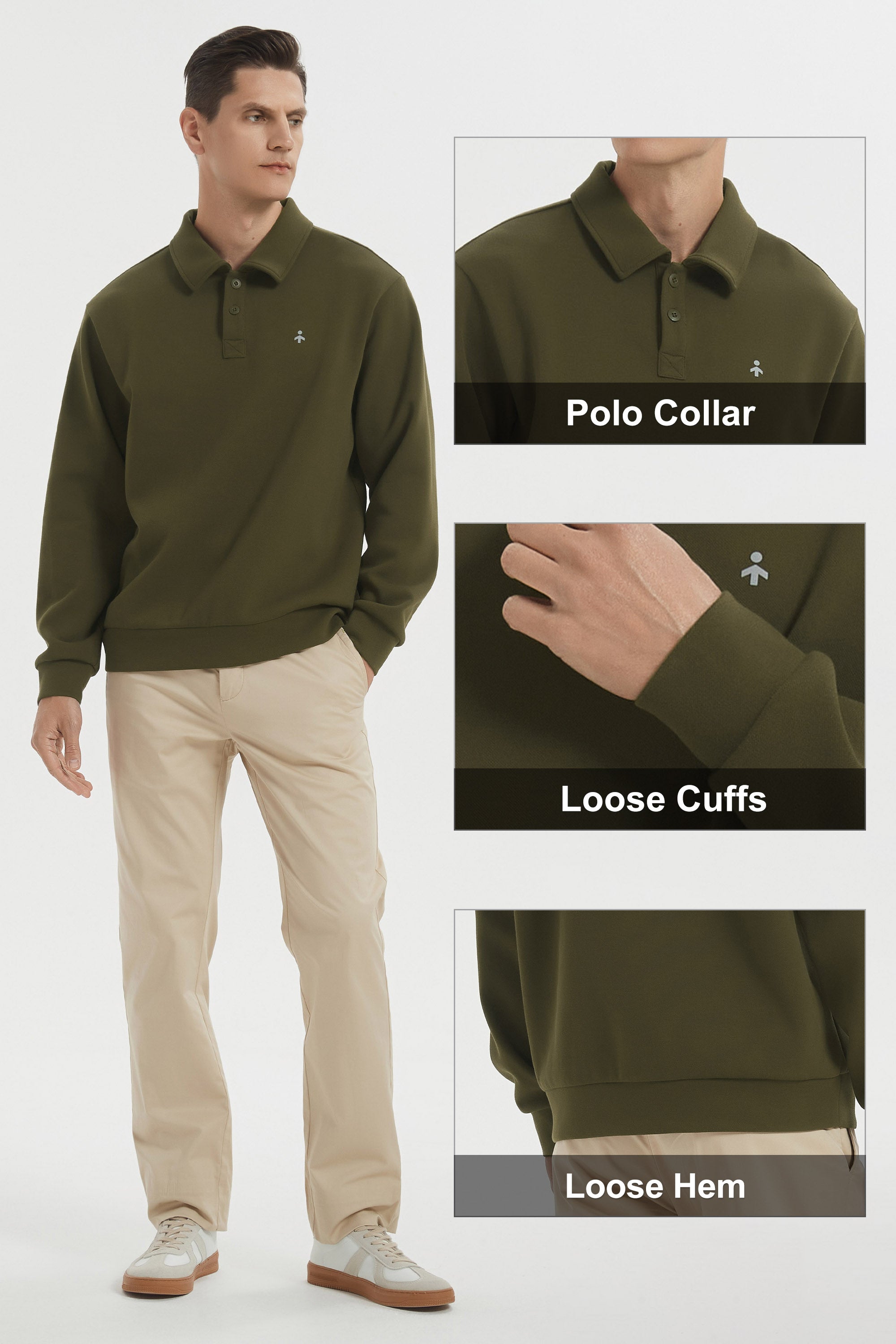 Orolay Long Sleeve Polo Sweatshirt  Regular Fit Button V Neck #color_dark green