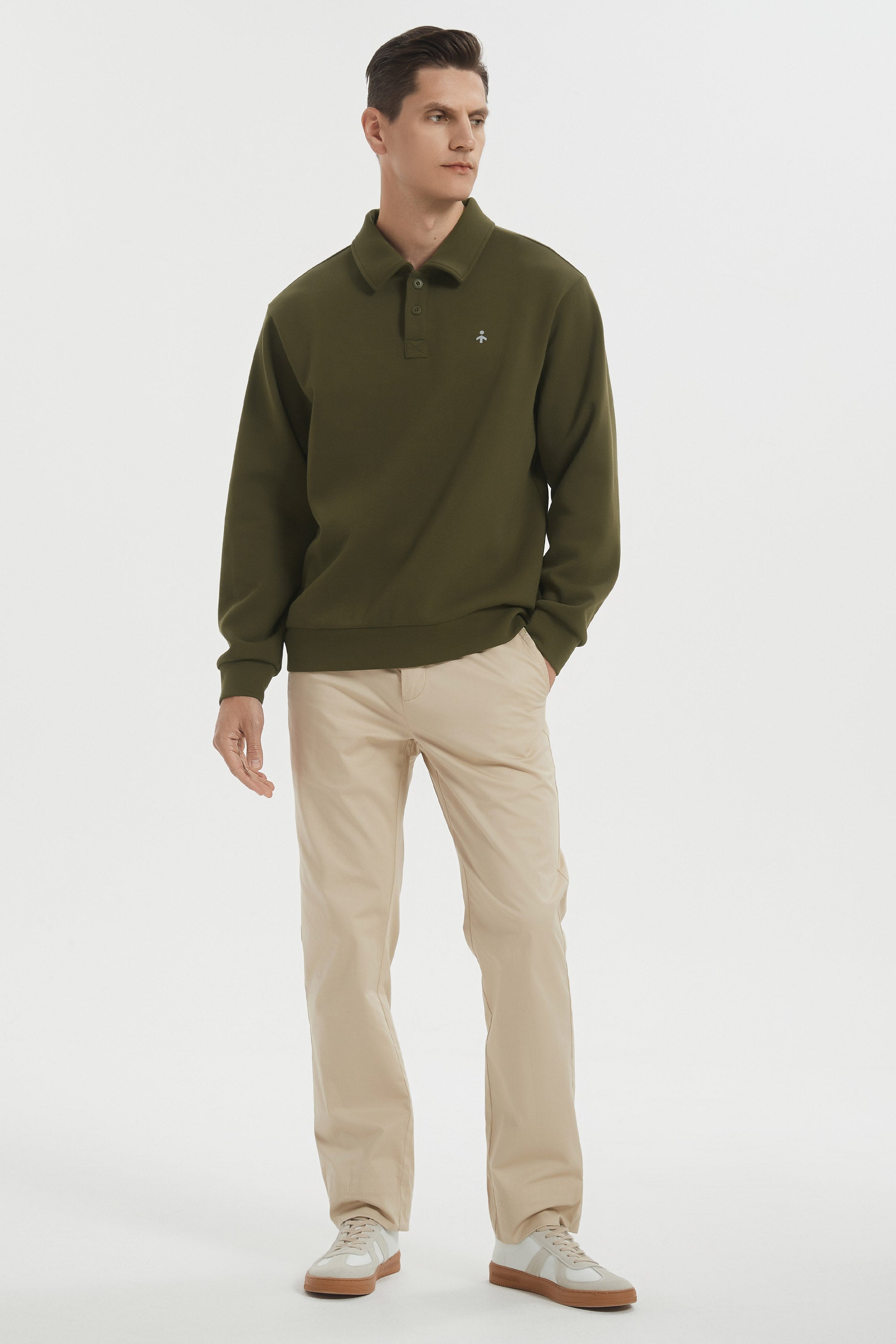 Orolay Long Sleeve Polo Sweatshirt  Regular Fit Button V Neck #color_dark green