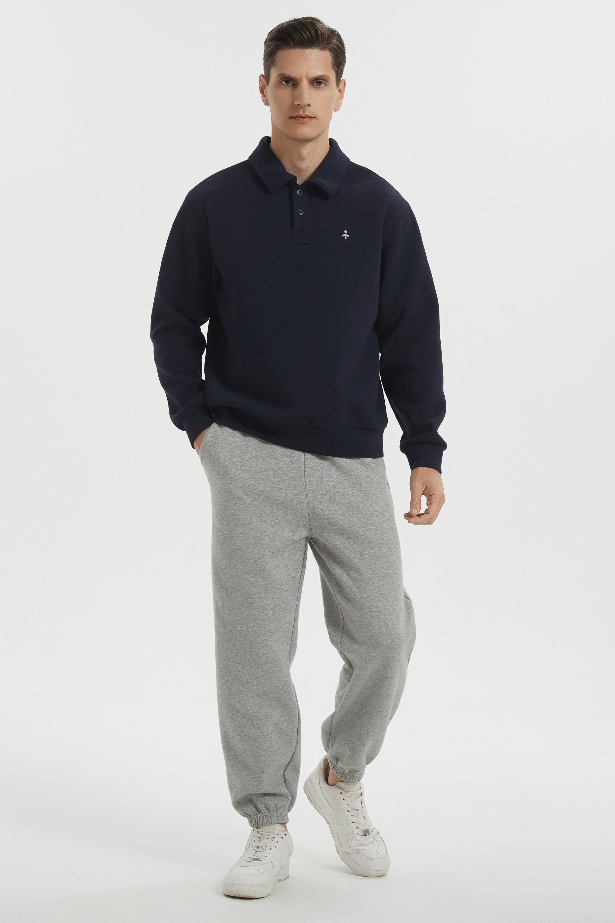 Orolay Long Sleeve Polo Sweatshirt  Regular Fit Button V Neck #color_navy