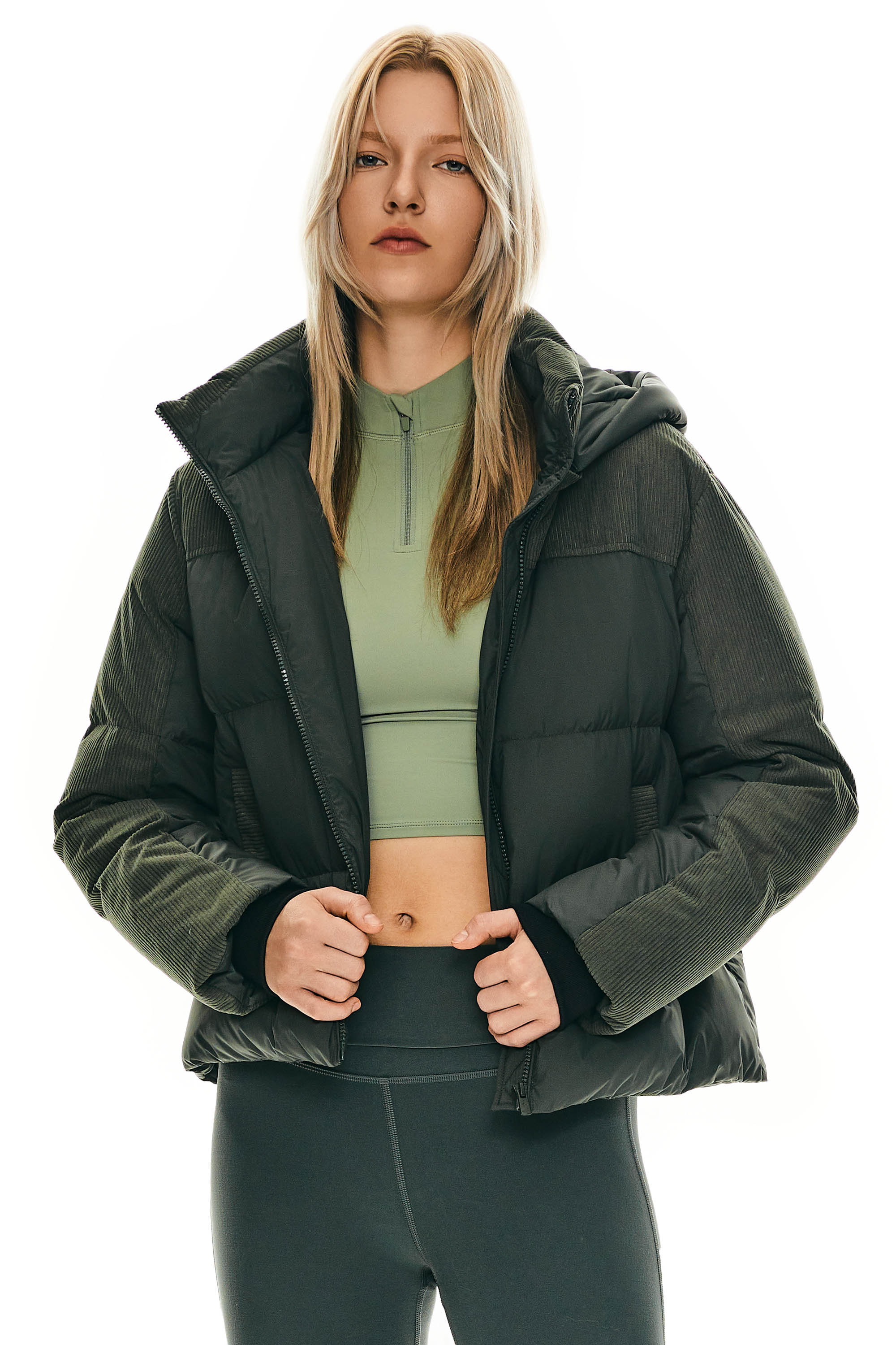 Orolay Cropped Puffer Jacket Winter Hooded #color_dark green