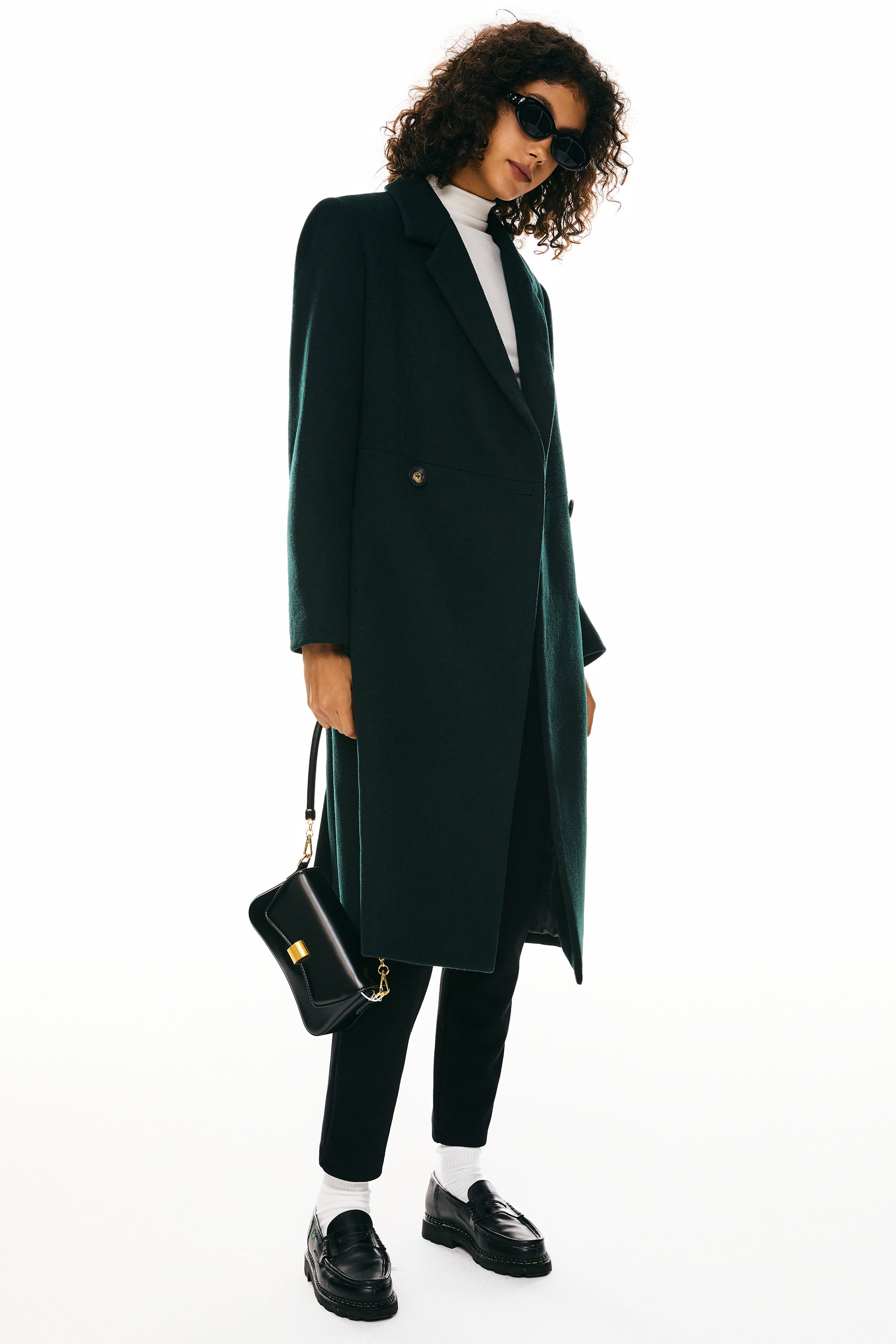 Orolay Double Breasted Pea Wool Coat #color_dark green
