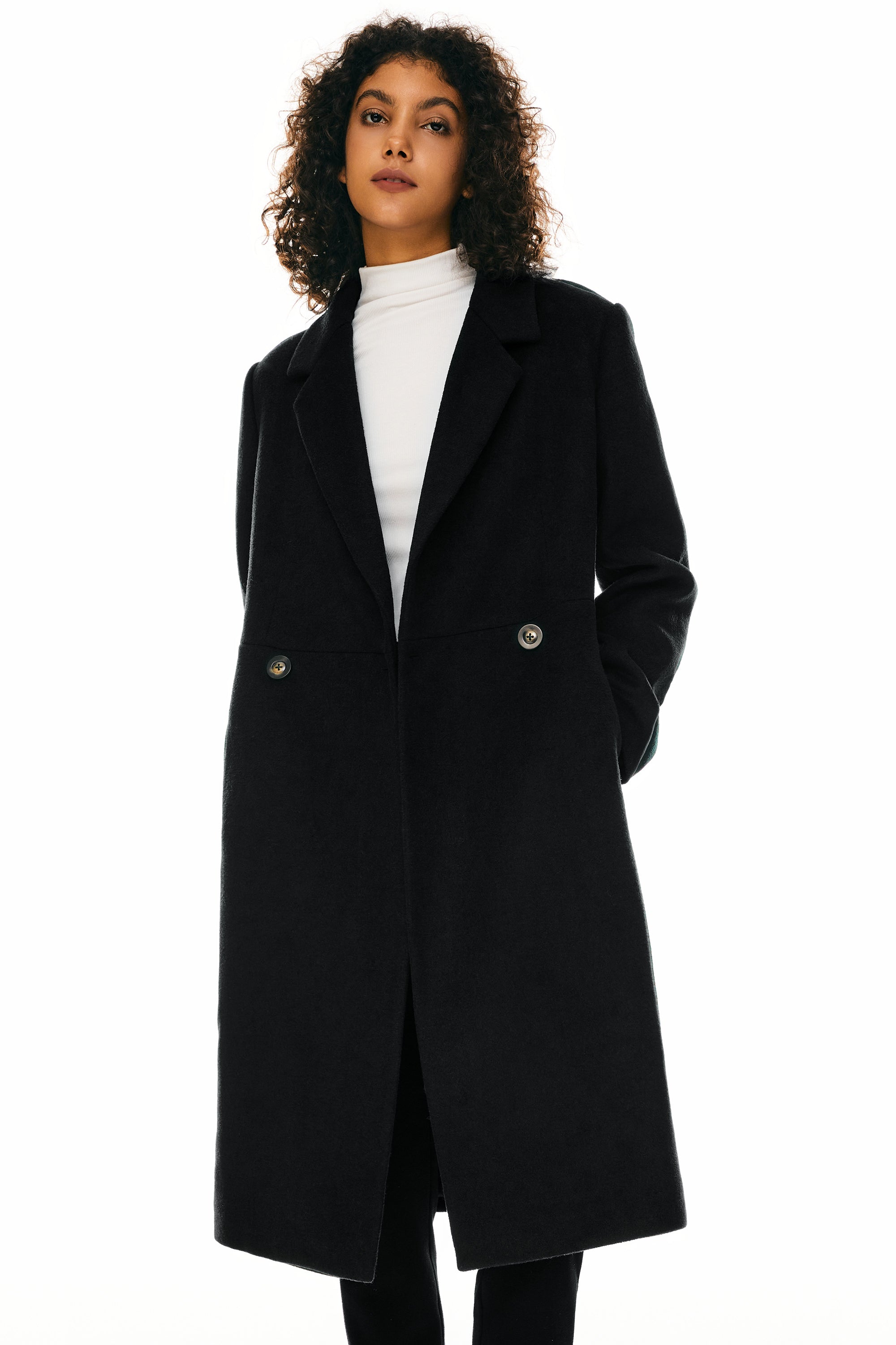 Orolay Double Breasted Pea Wool Coat #color_black