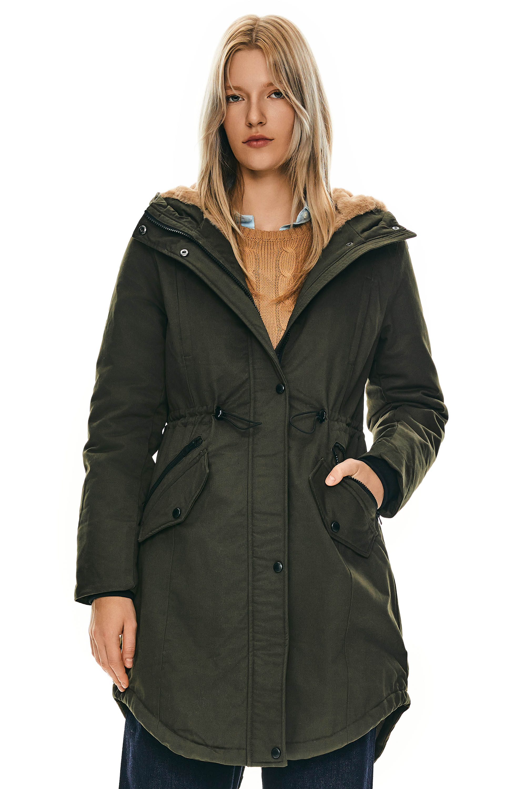 Parka-Drawstring Waist Fleece - Lined Parka - Orolay, #color_dark green