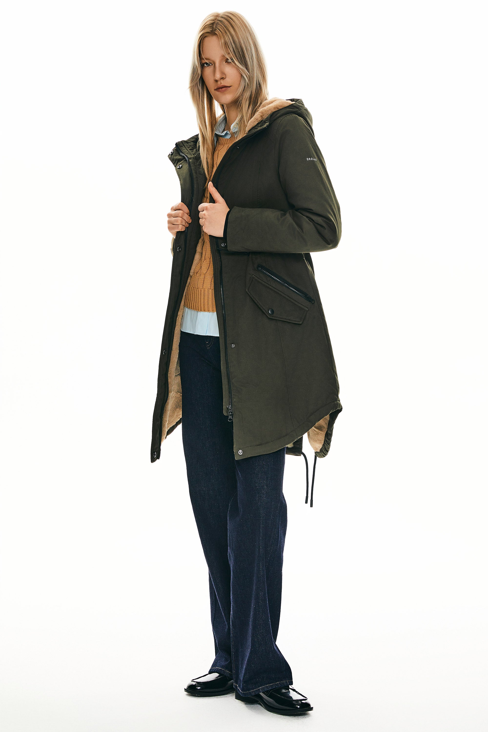 Parka-Drawstring Waist Fleece - Lined Parka - Orolay, #color_dark green