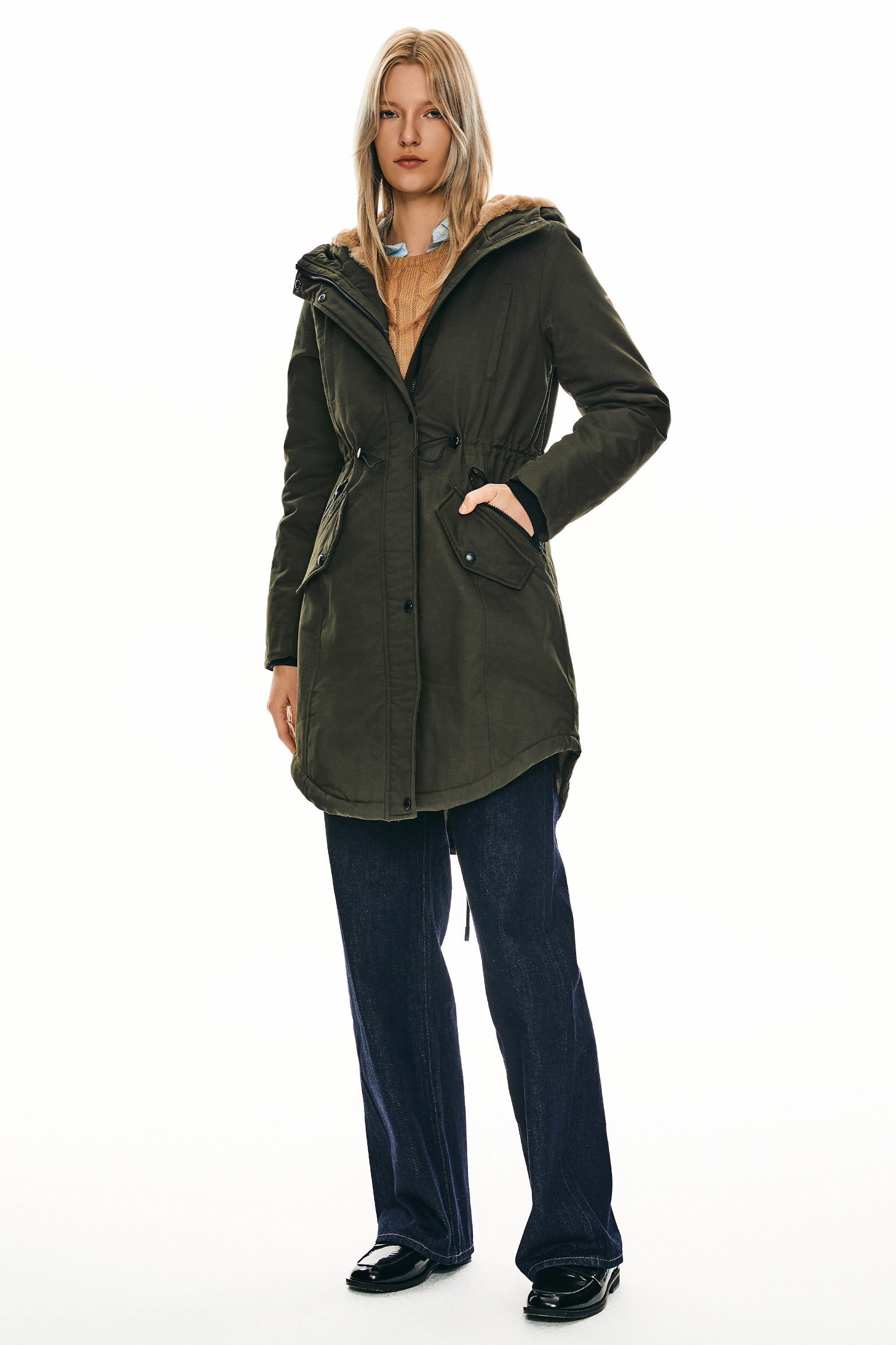 Parka-Drawstring Waist Fleece - Lined Parka - Orolay, #color_dark green