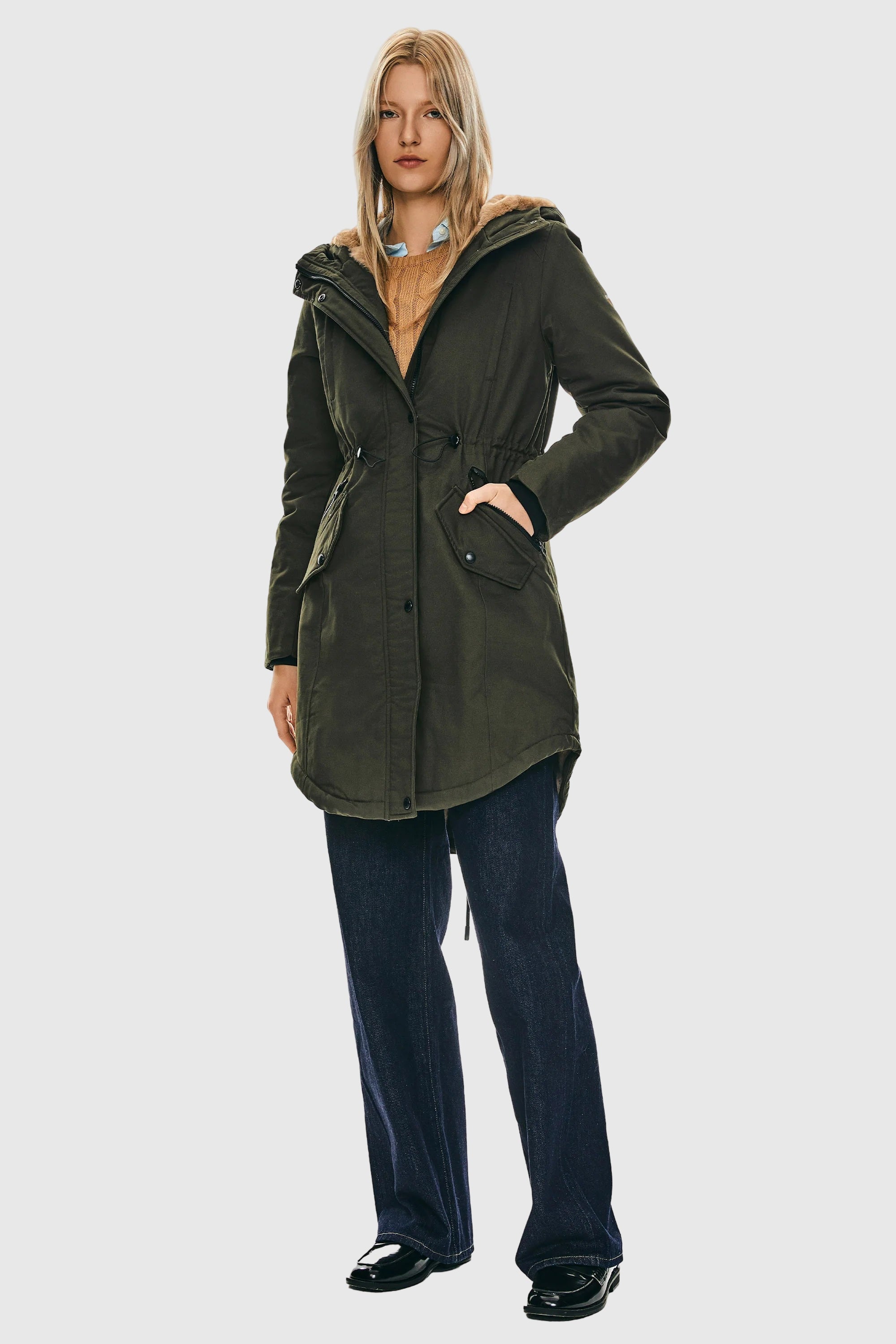 Parka-Drawstring Waist Fleece - Lined Parka - Orolay, #color_dark green