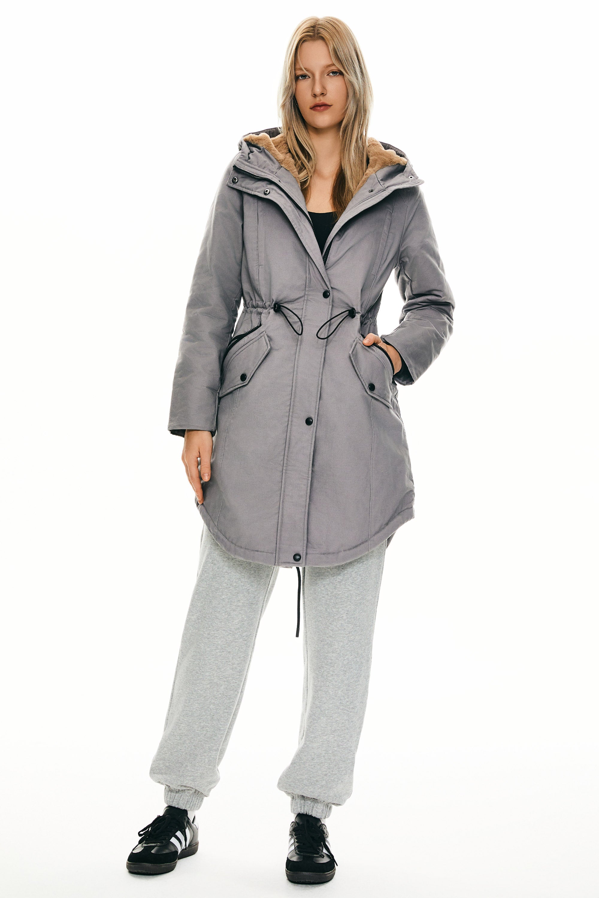 Parka-Drawstring Waist Fleece - Lined Parka - Orolay, #color_Gray