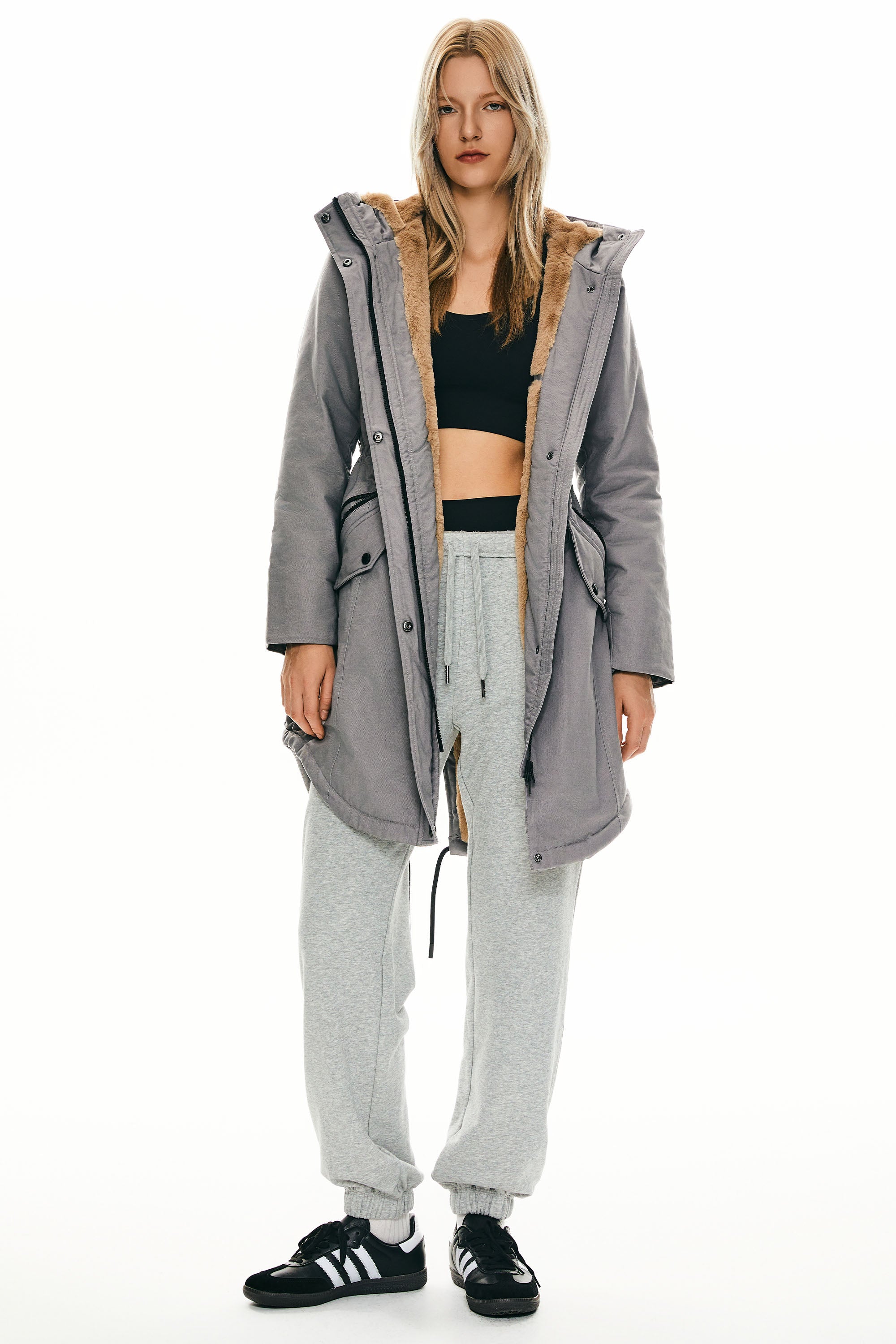 Parka-Drawstring Waist Fleece - Lined Parka - Orolay, #color_Gray