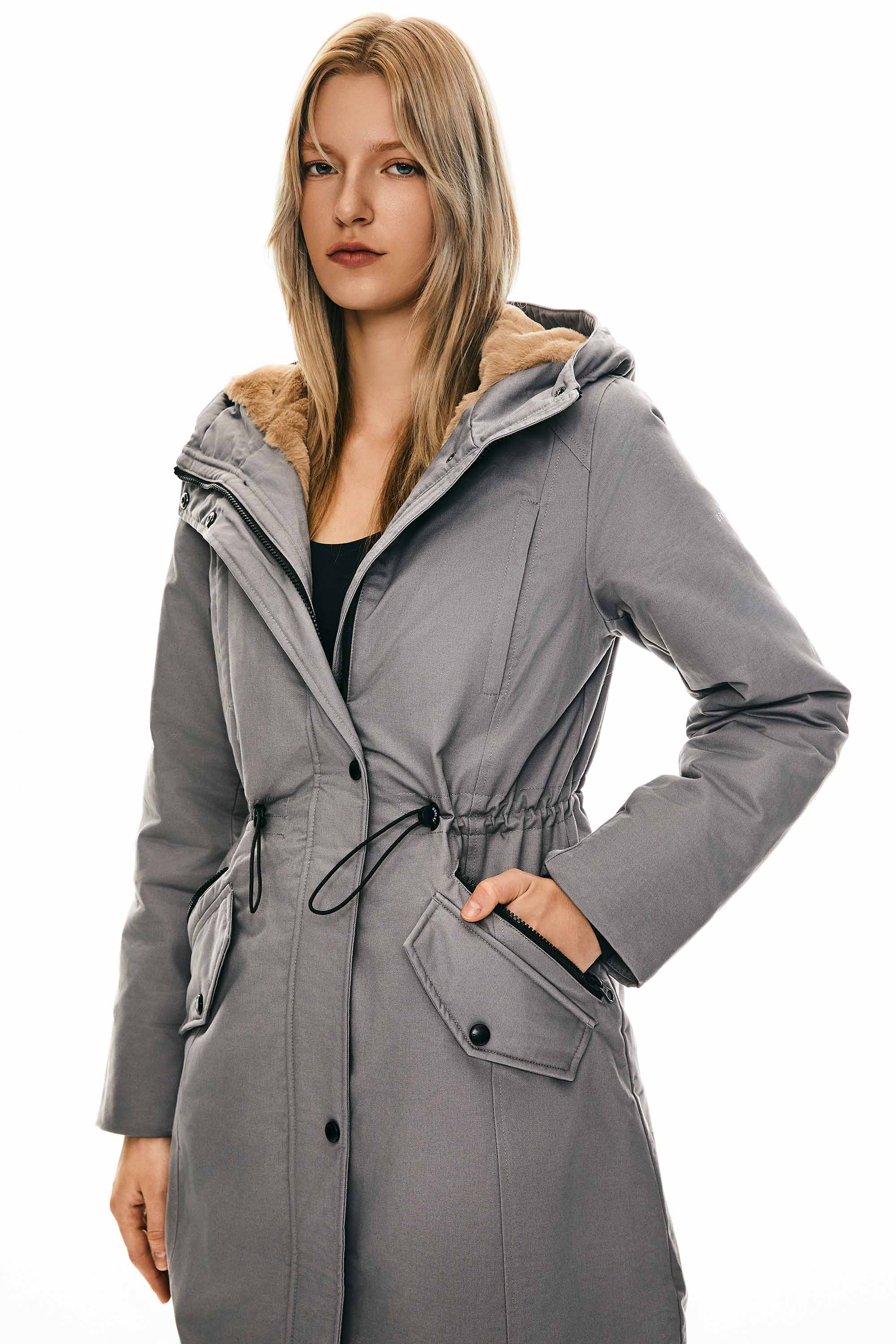Parka-Drawstring Waist Fleece - Lined Parka - Orolay, #color_Gray