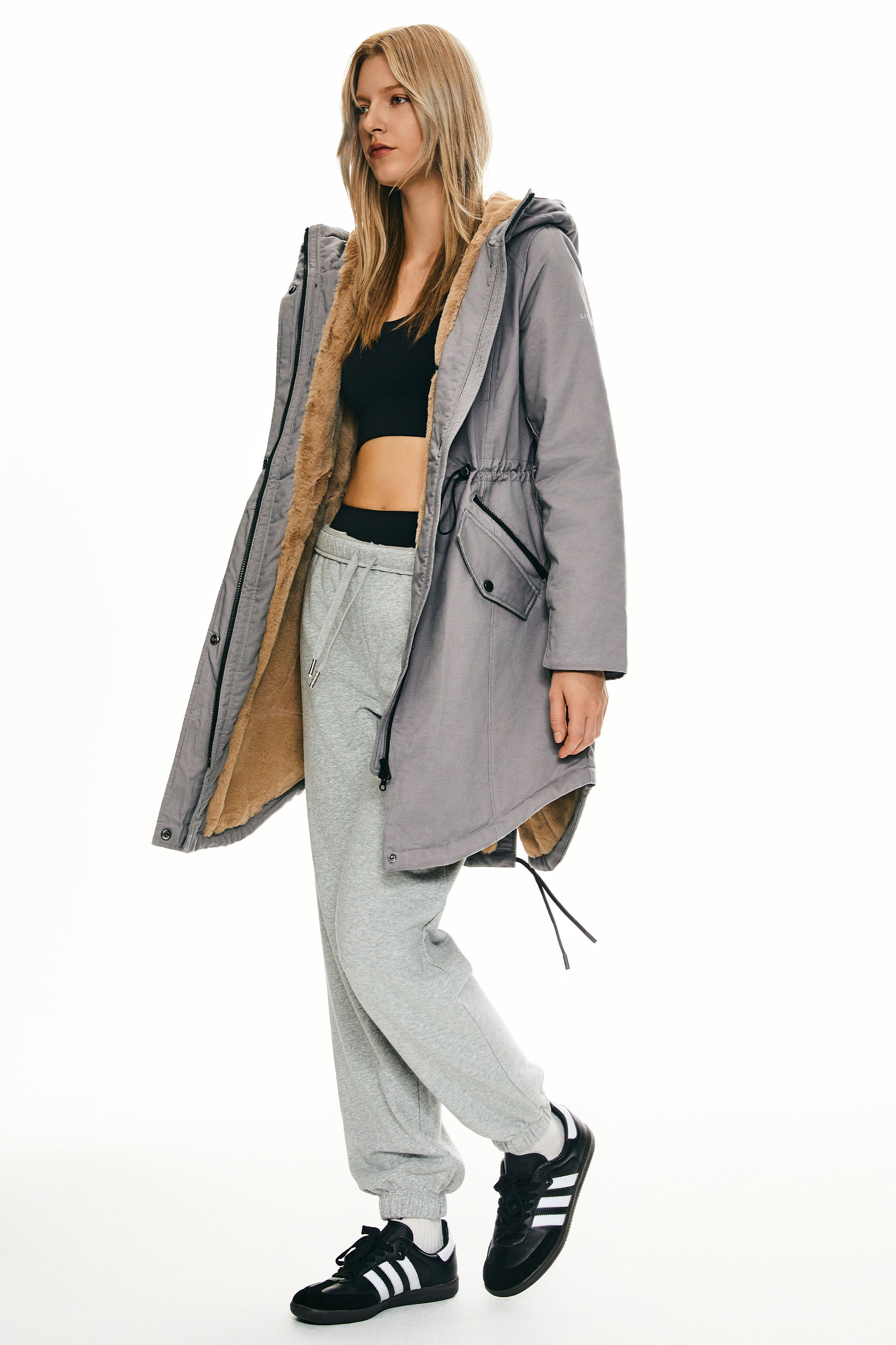 Parka-Drawstring Waist Fleece - Lined Parka - Orolay, #color_Gray