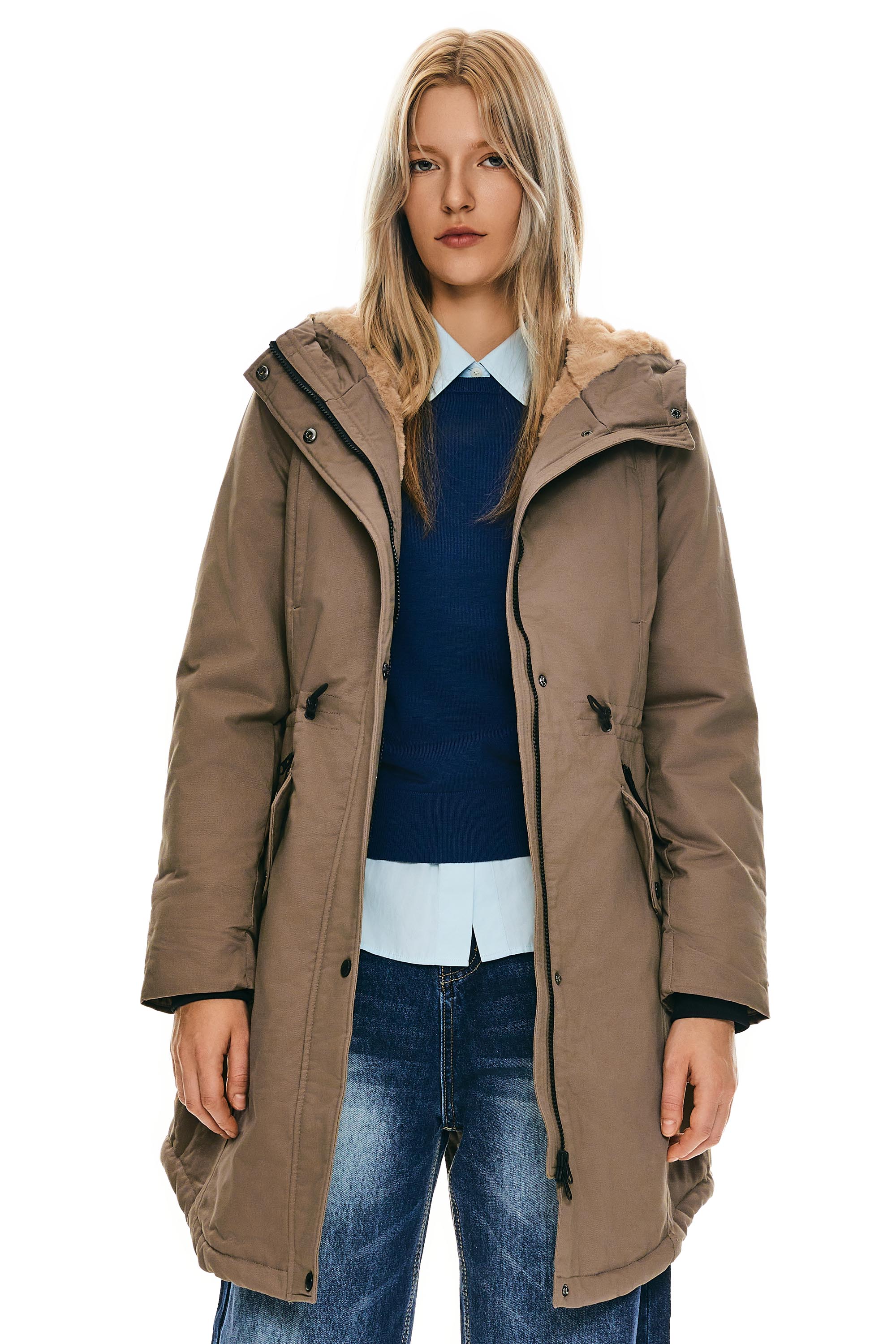 Parka-Drawstring Waist Fleece - Lined Parka - Orolay, #color_khaki