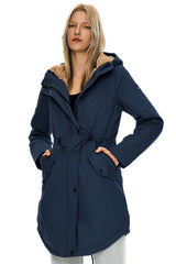 Parka-Drawstring Waist Fleece - Lined Parka - Orolay, #color_navy