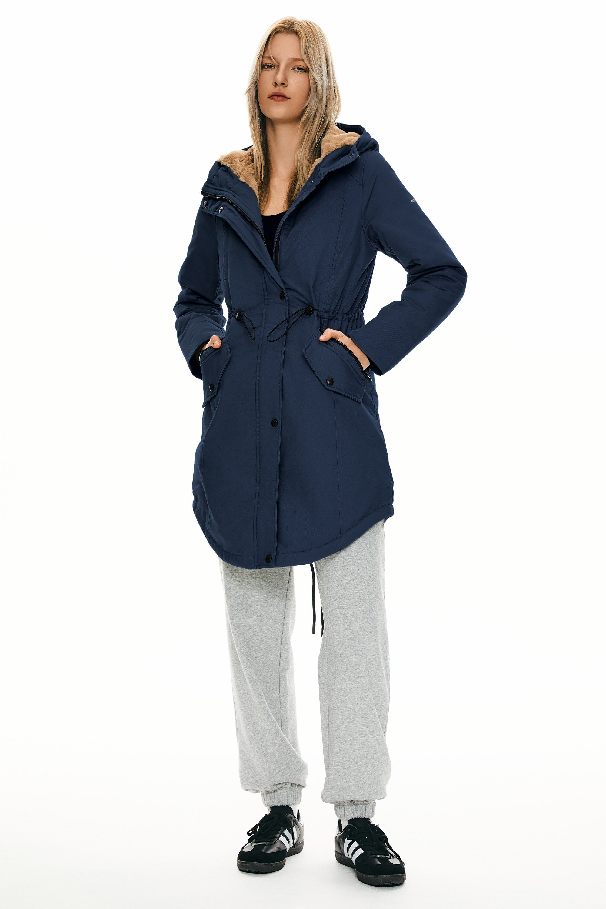 Parka-Drawstring Waist Fleece - Lined Parka - Orolay, #color_navy